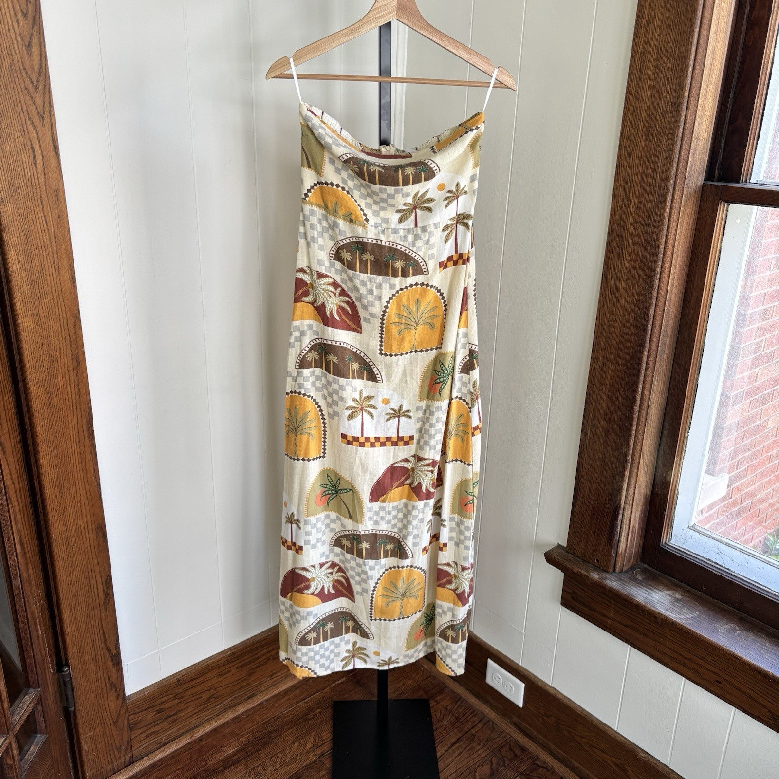 Paper Heart NWT Strapless Smocked Back Maxi Dress Palm Arch Linen Blend Womens M
