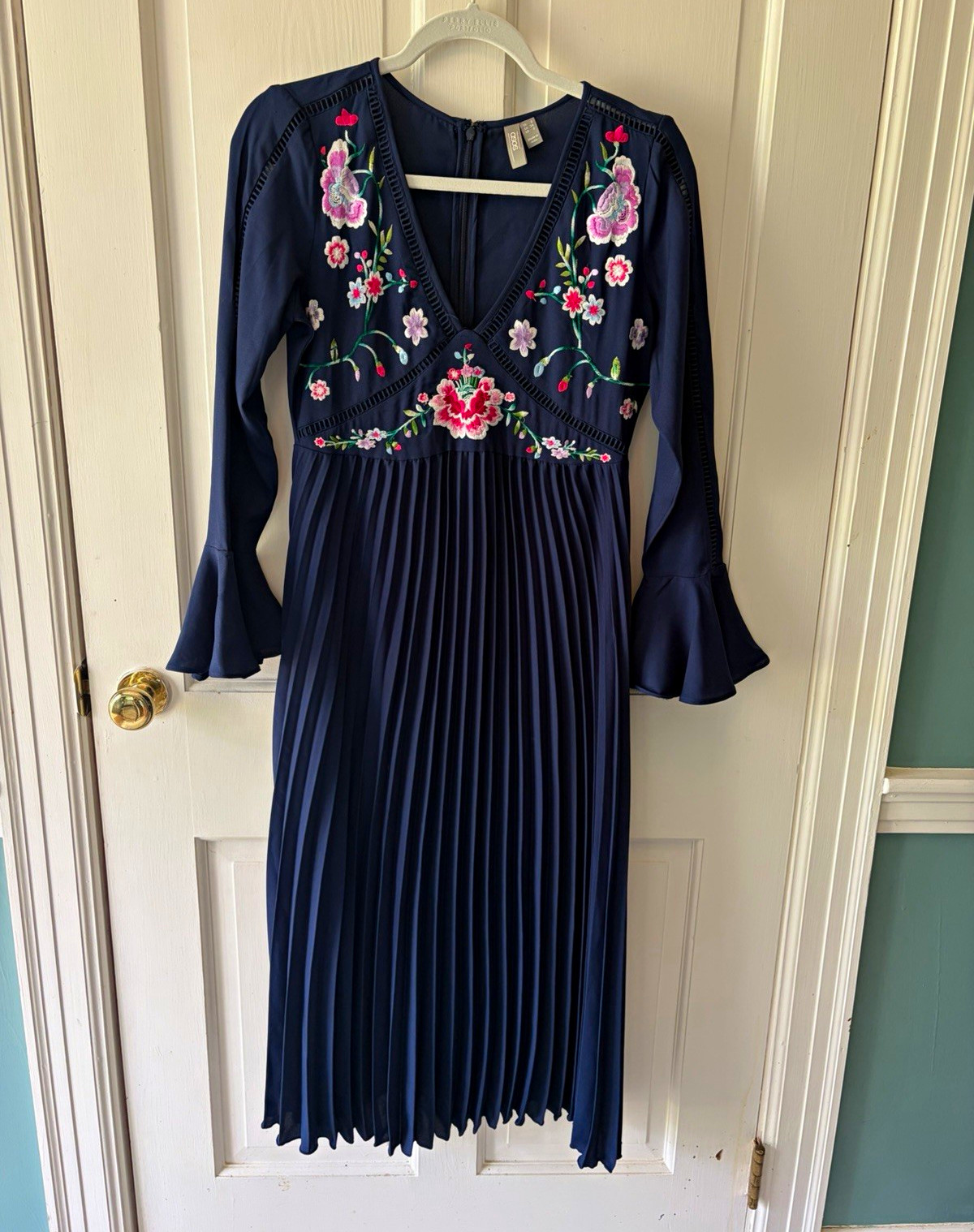 ASOS Navy Blue Floral Embroidered Pleated V-Neck Bell Sleeve A-Line Dress 2