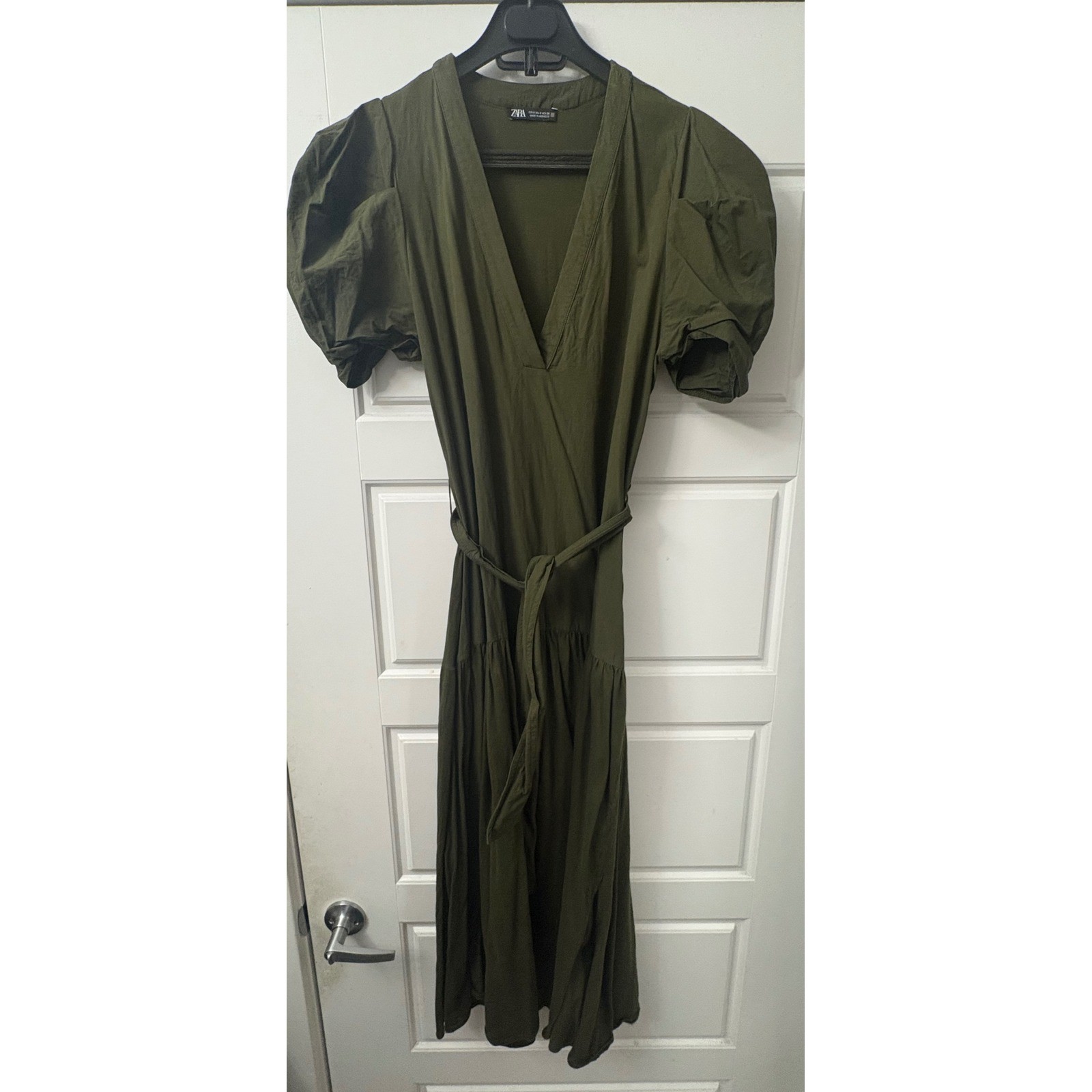 Zara Womens Olive Green Puff Sleeve V-Neck Midi Cotton Poplin Dress Size S