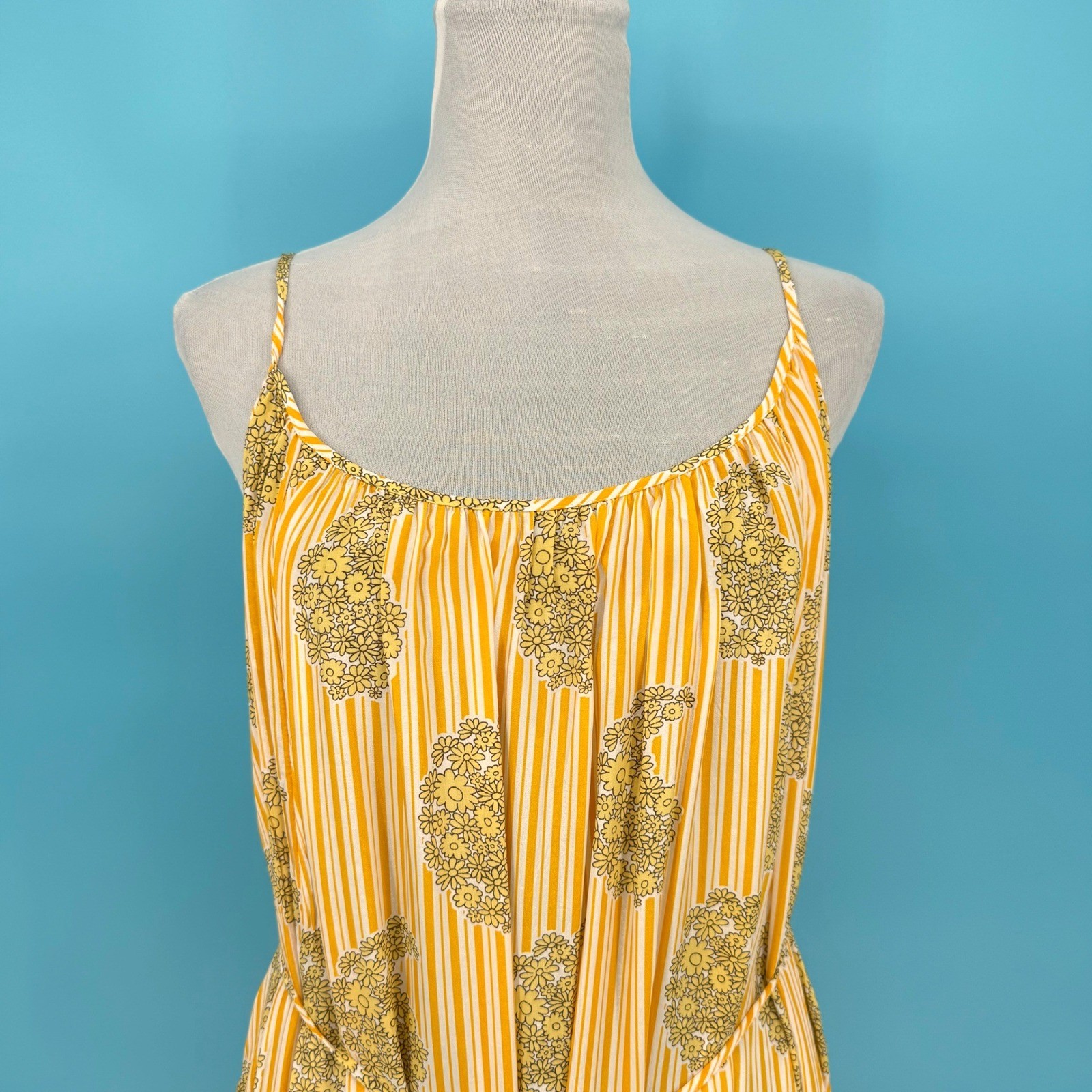 J.Crew Yellow Striped Floral Paisley Backless Maxi Dress Beaded Belt XXL Womens