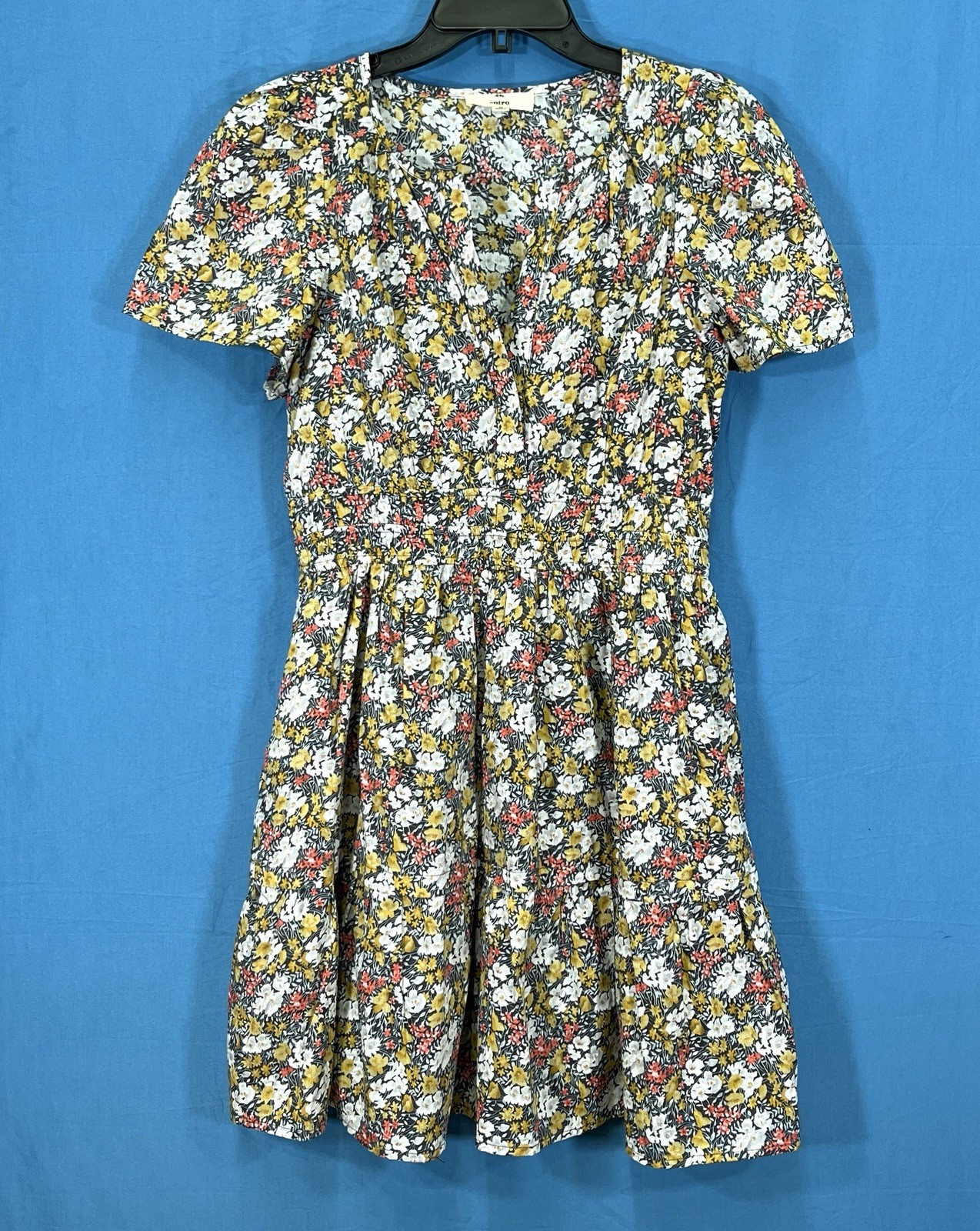 ENTRO Colorful FLORAL Twill HOOK/EYE Deep-V STRETCH WAIST Blouson A-Line Dress M