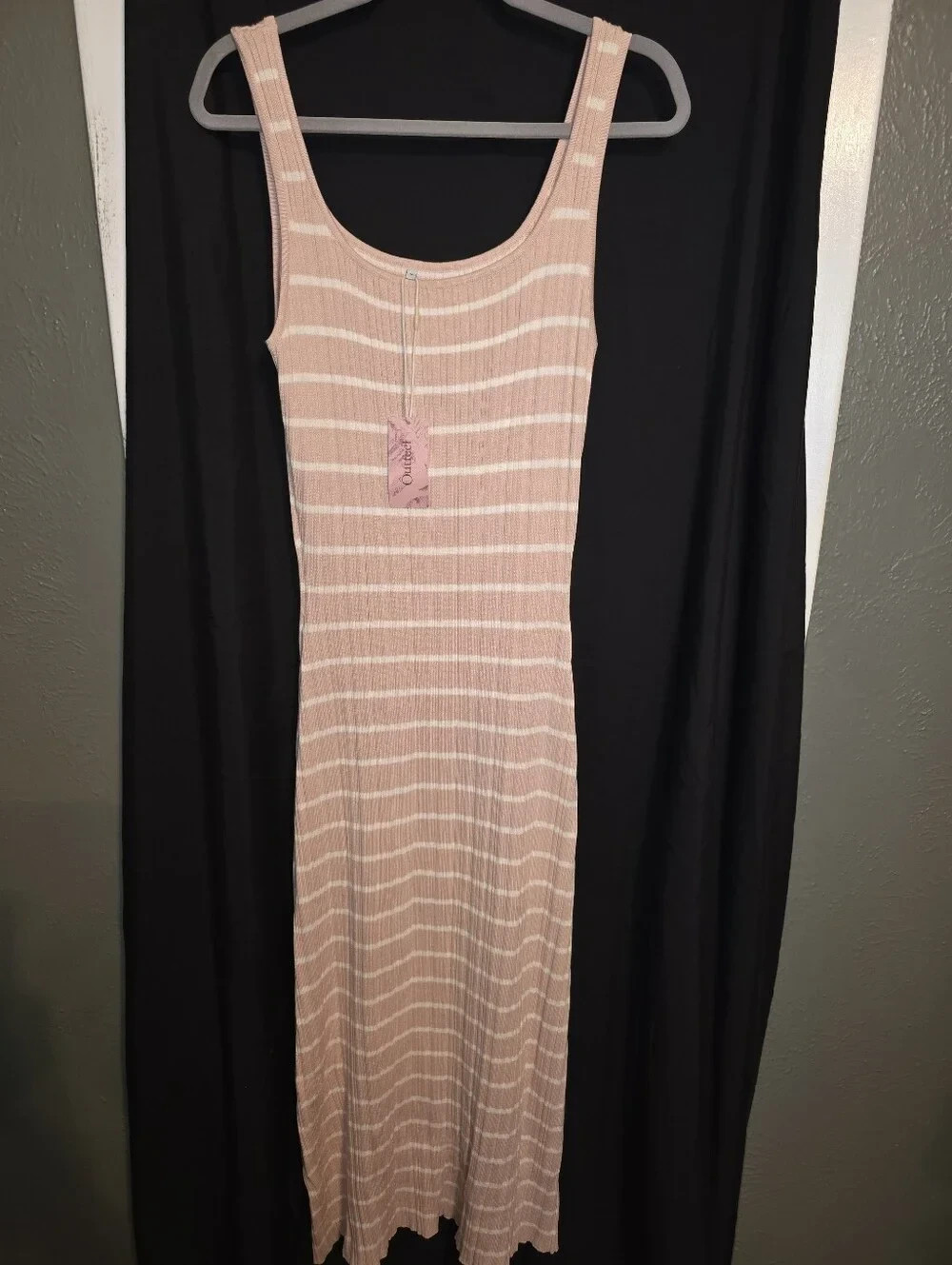 Women’s Outfeel Pink White Striped Ribbed Bodycon Midi Maxi Tank Dress Size XL