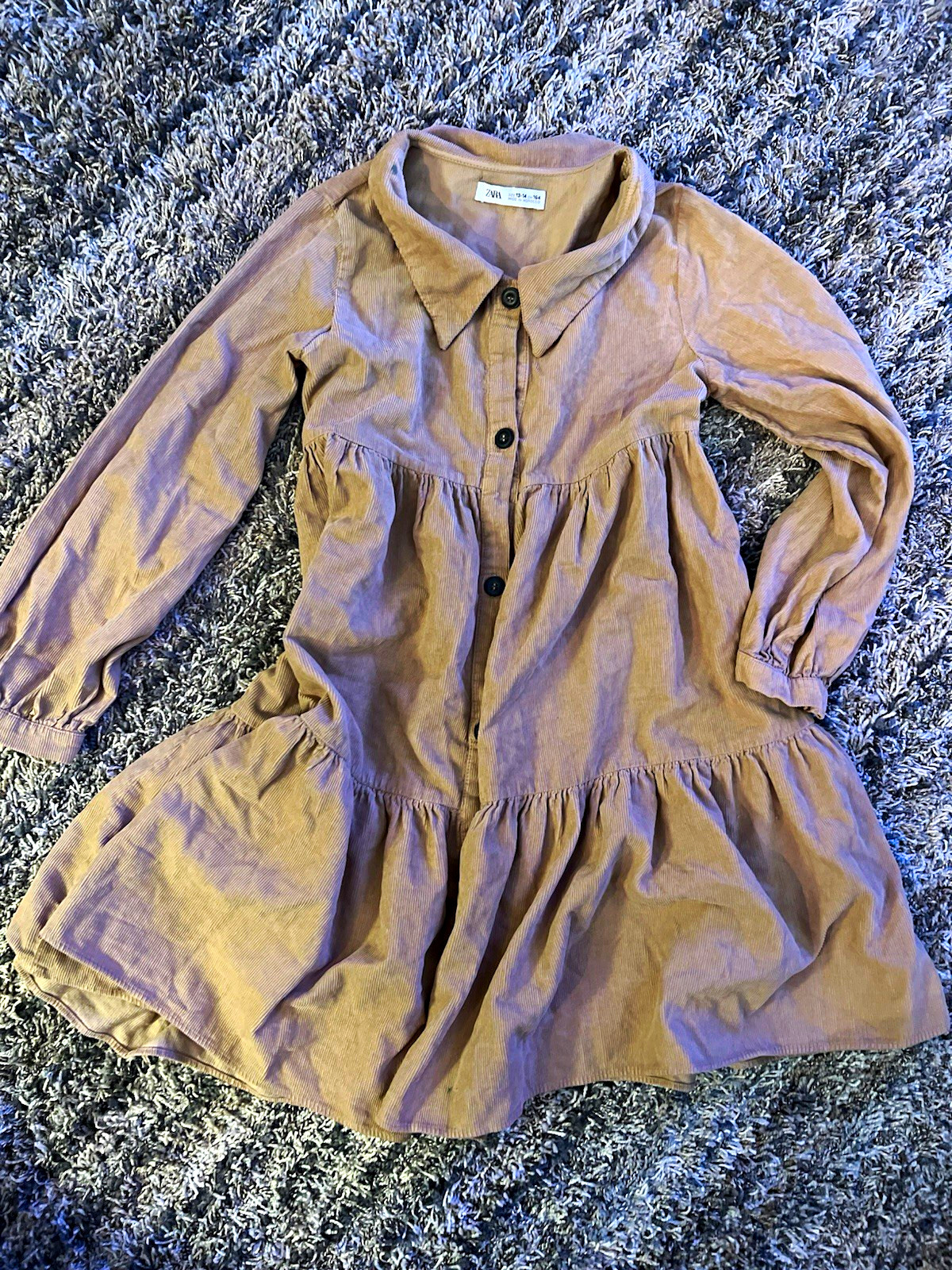 Zara Brown Corduroy Shirt Dress Collared Button Front Long Sleeve Short L