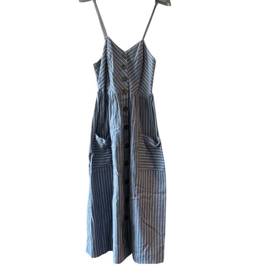 Blue Striped Cami Smocked Sundress Pockets Midi Dress S Button Front 100% Cotton