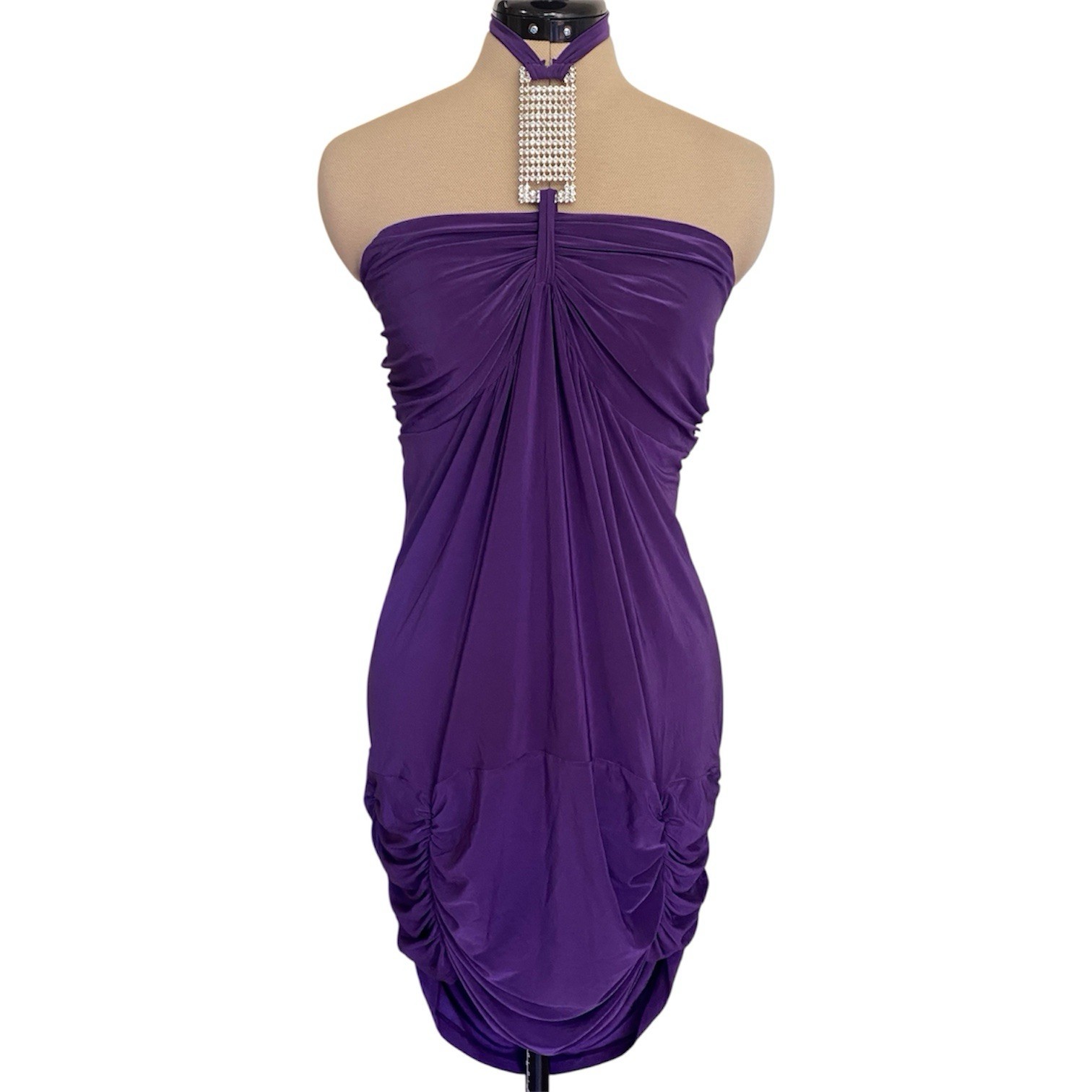 ZORA Fashion Purple Halter Bodycon Dress Rhinestone Knee Length 3XL