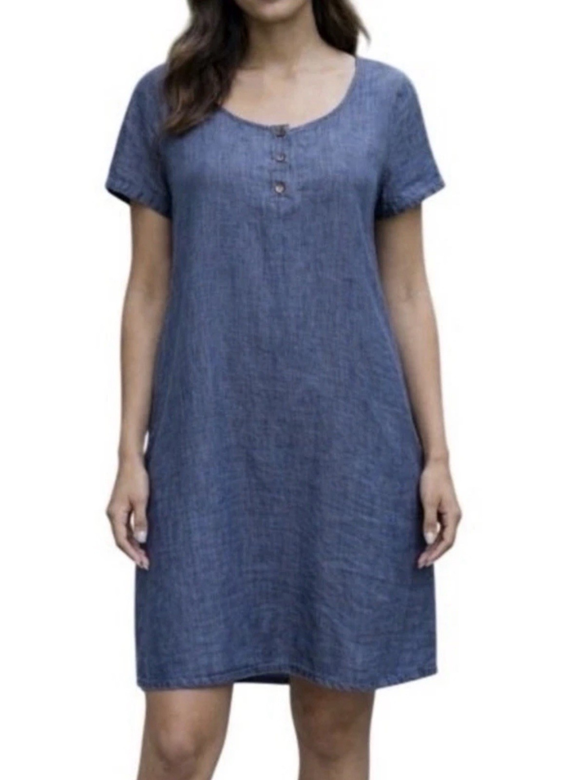 Pure Jill Linen Dress Size Large Henley Blue Textured Short Sleeve Hem Slits
