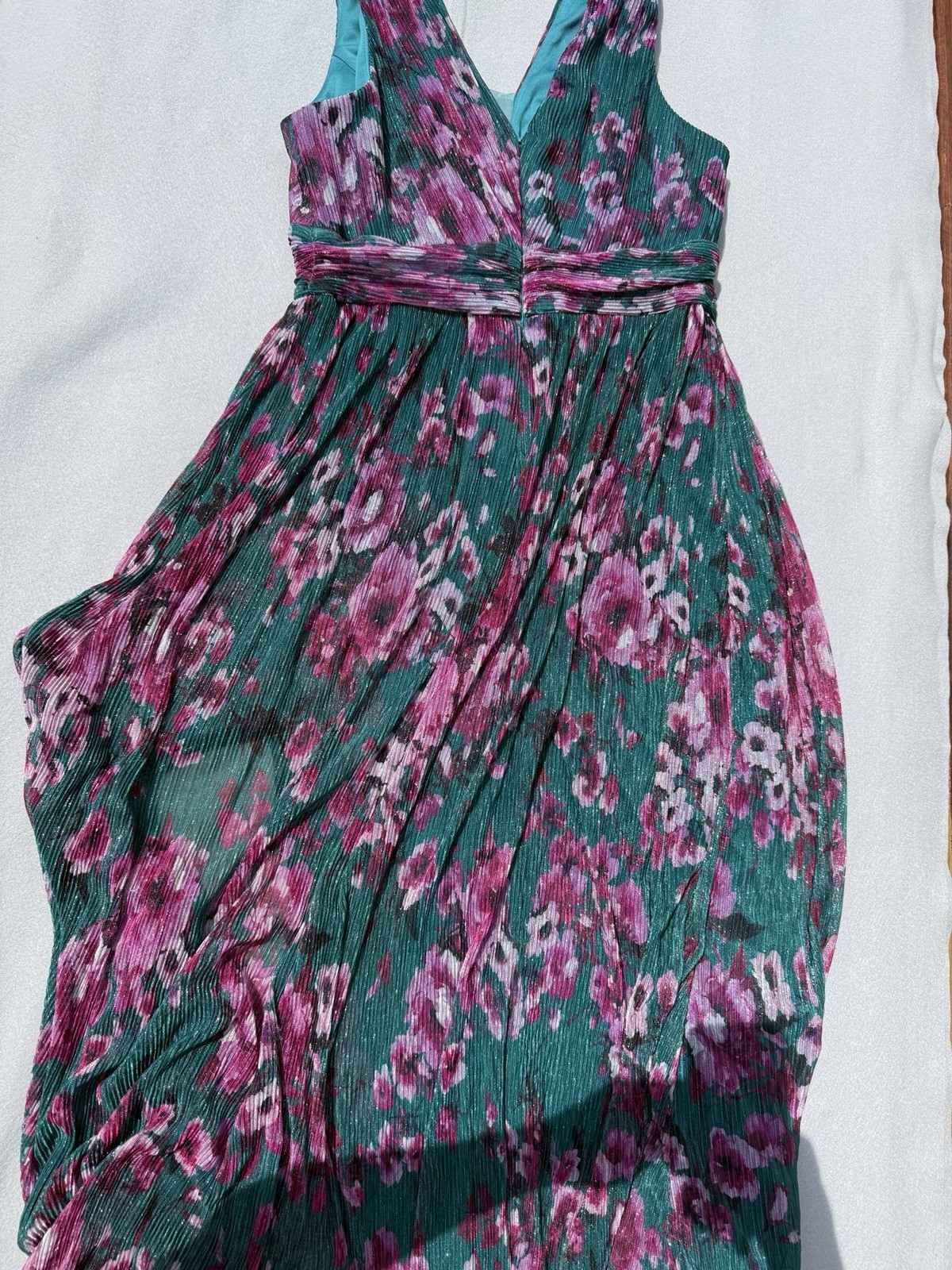 R&M Richards Women’s Floral Pleated Maxi Dress – Teal/Purple Shimmer – Size 18