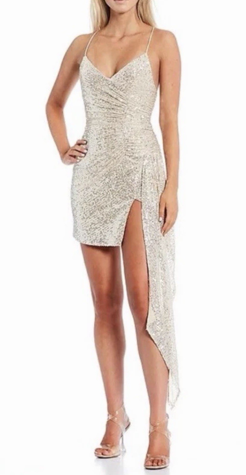 GB Gold Sequin Asymmetrical Hem Bodycon Mini Tie Back Dress Champagne Sz 13Party