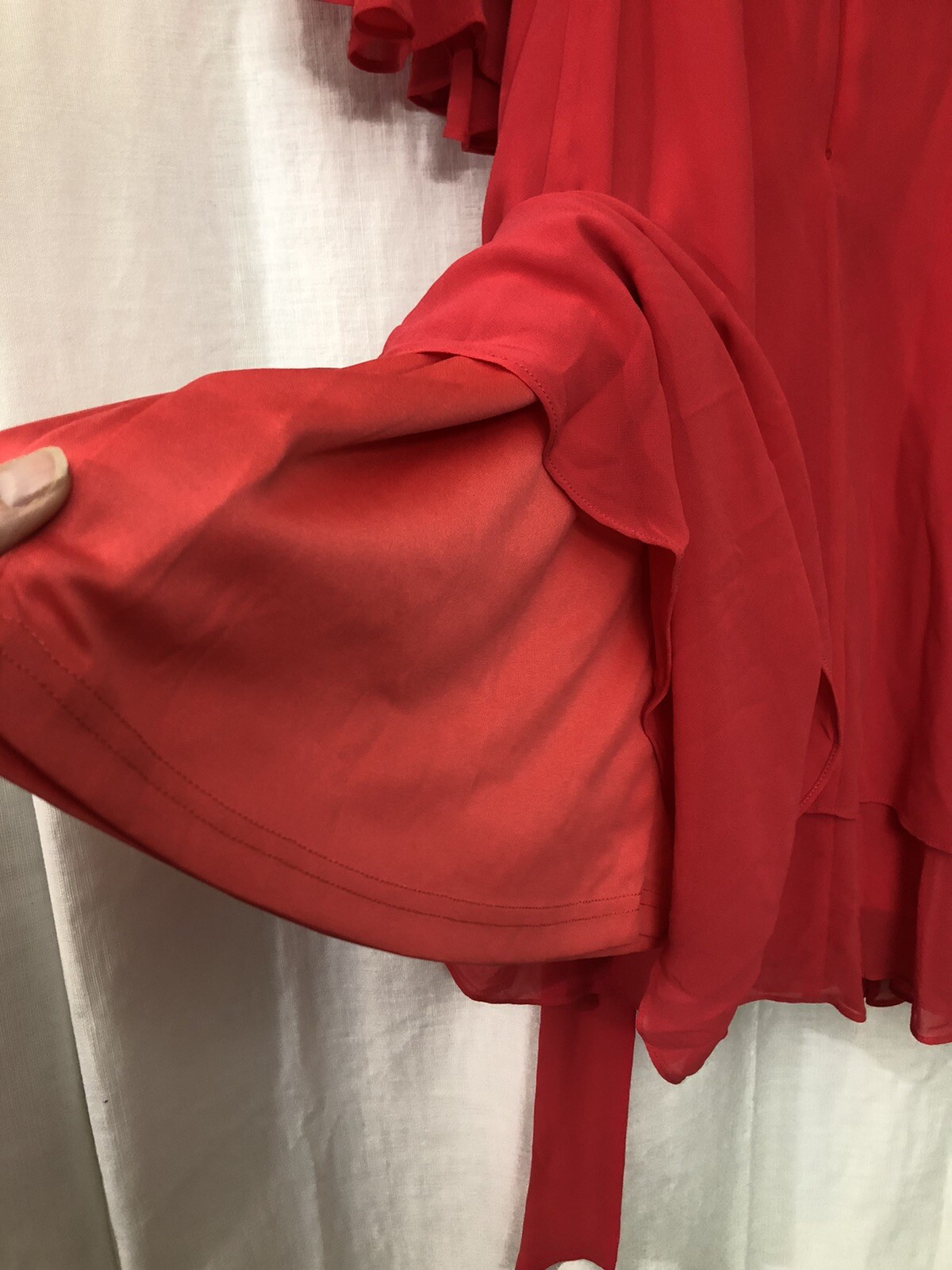 Marina Flutter Sleeve Cascade Ruffle Dress Sz 4 Rhinestone Neck Cherry Red NEW