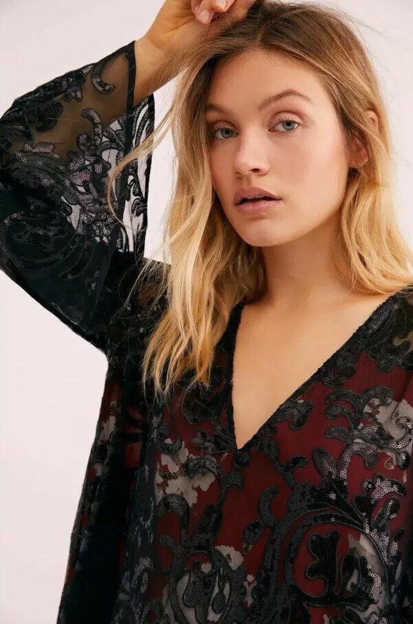 Free People Falling Flowers Frock Mini Dress Red Black Sequins