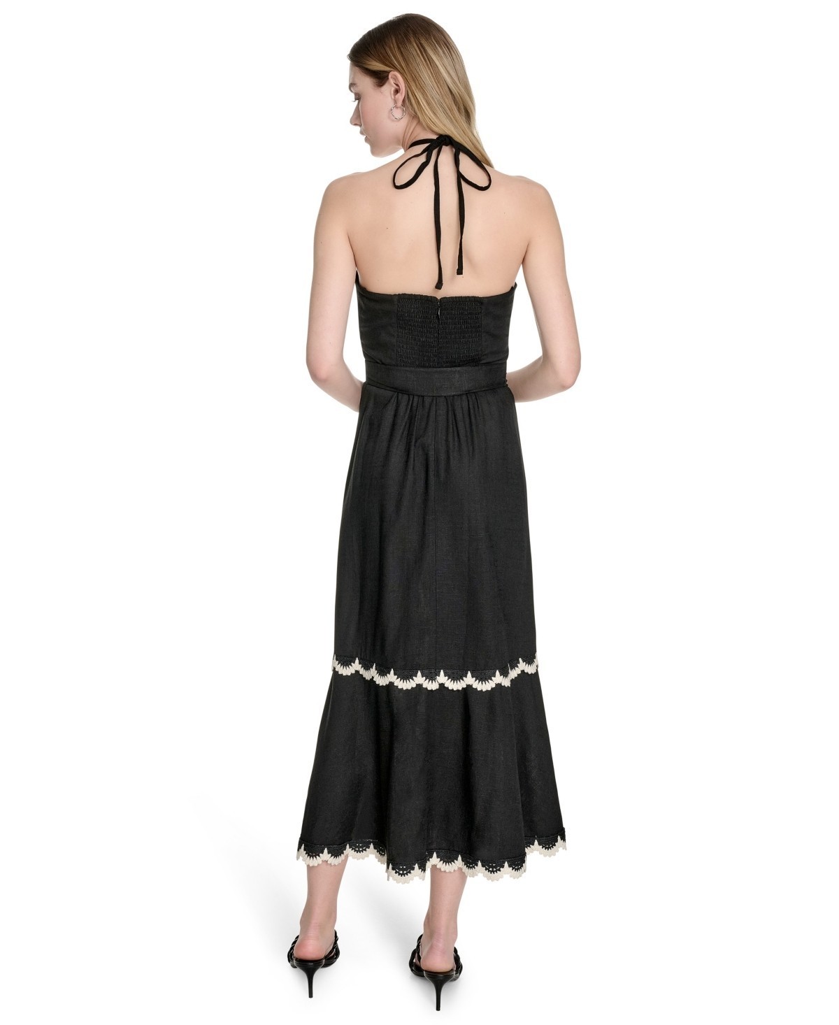 Eliza J Beaded-Strap Contrast-Trim Halter MIDI Dress Women’s 2 Black Linen Blend