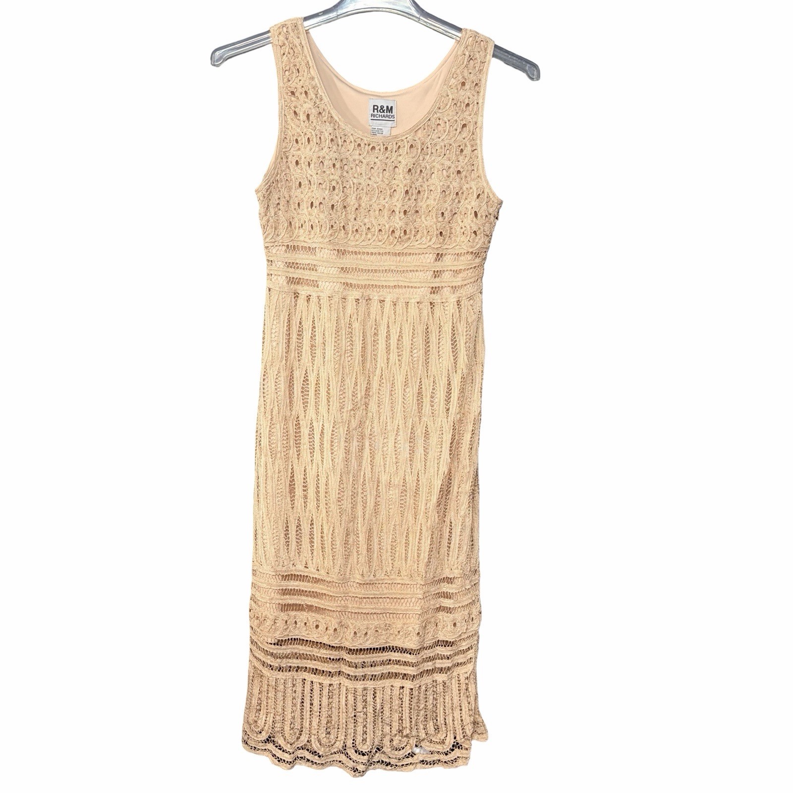 1990s R&M Richards Beige Crochet Lace Dress M Beaded Empire Waist Boho VTG