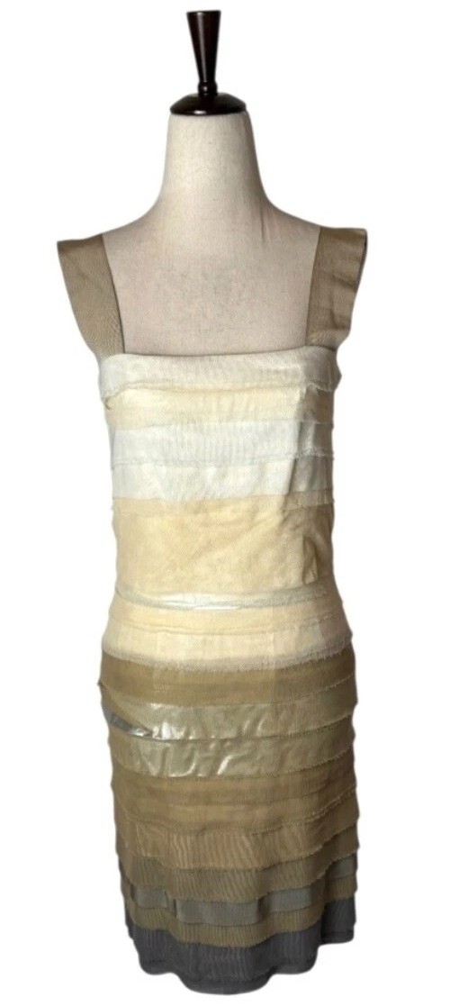 Ports 1961 Dress Women Medium Ivory Layered Metallic Sheath Designer Party