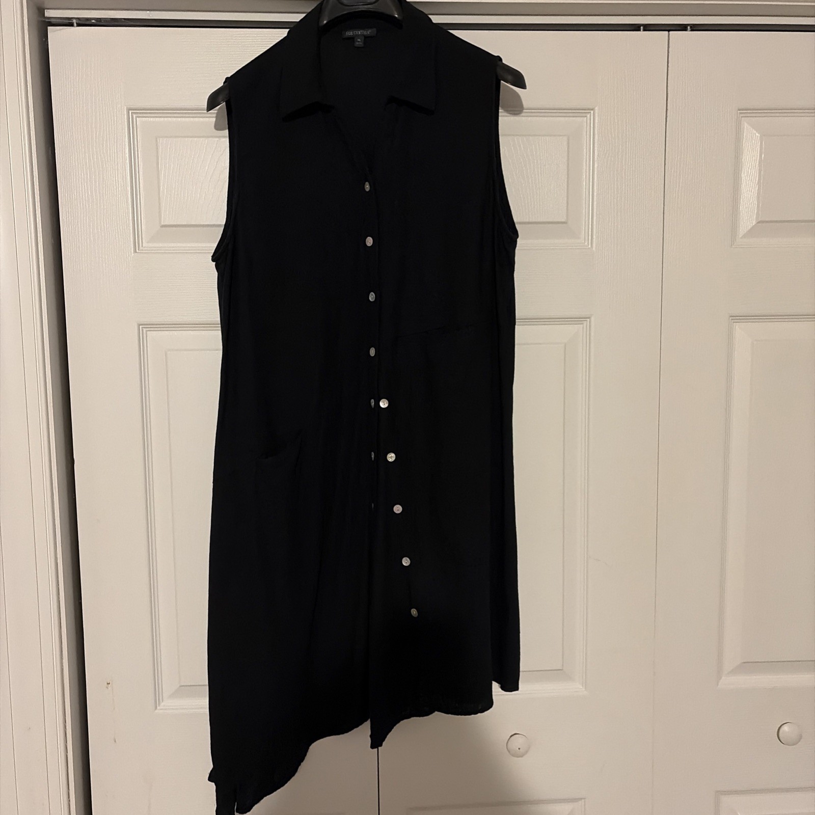 For Cynthia XL Black Linen Blend Dress Top Asymmetrical Hem And Buttons