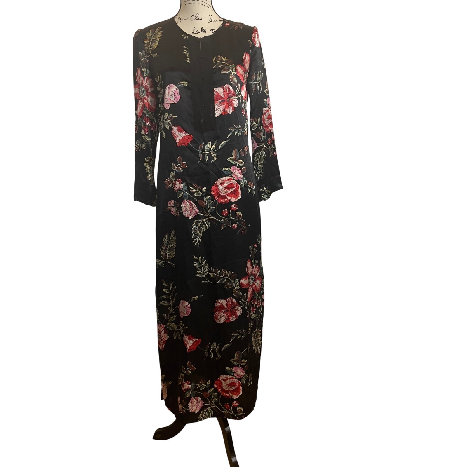 Adrienne Vittadini Black Floral Maxi Dress Long Sleeve Vintage Style