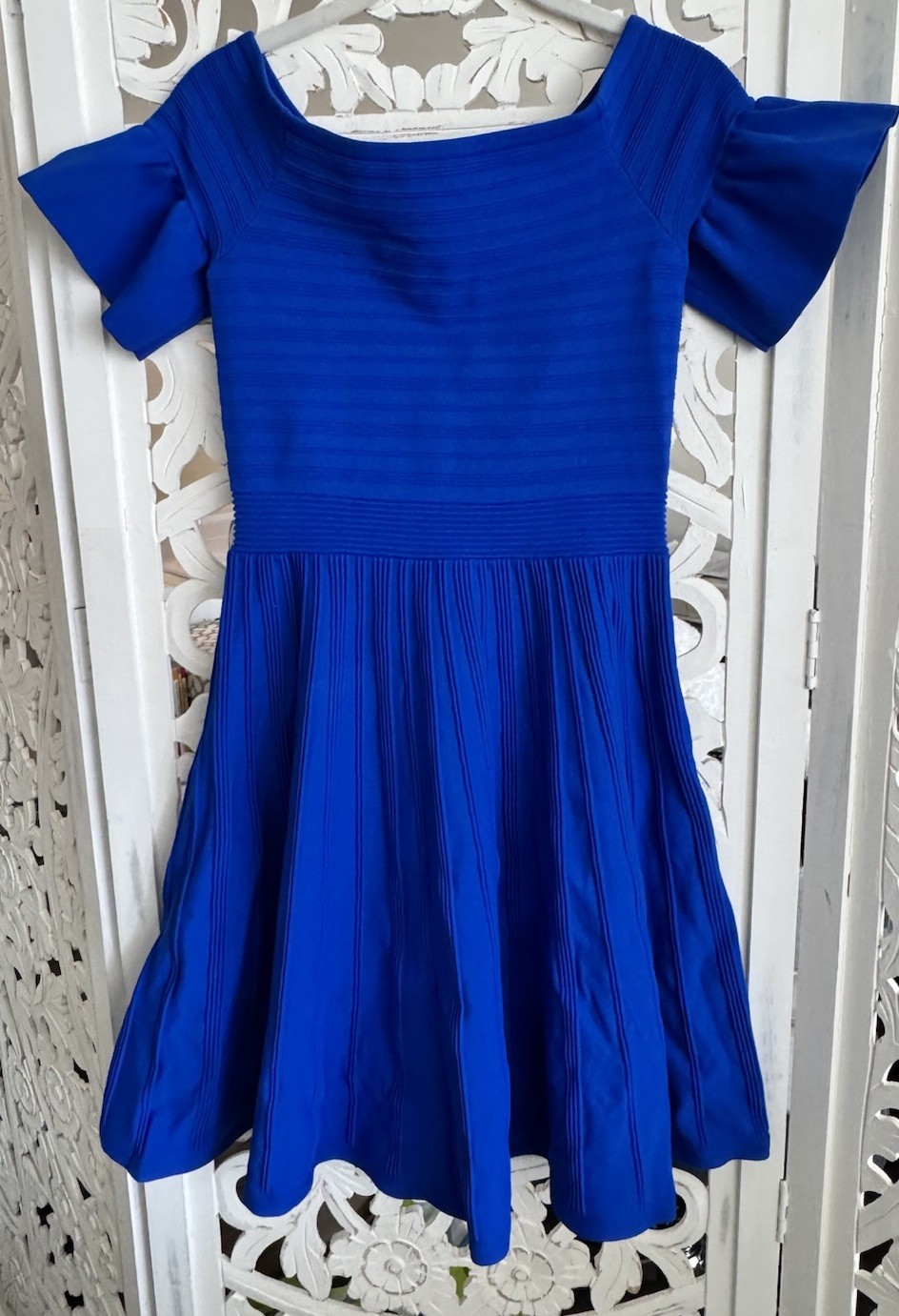 Ted Baker Criptum Off Shoulder Frill Knit Skater Dress, Blue, Size 2 (US 6)