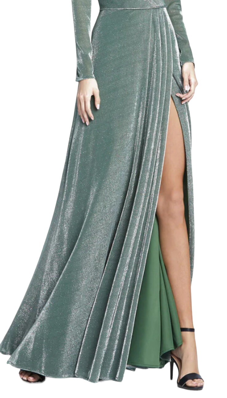 Mac Duggal Ieena Evening Gown Size 6 Long Sleeve Faux Wrap Jade Green Sparkly