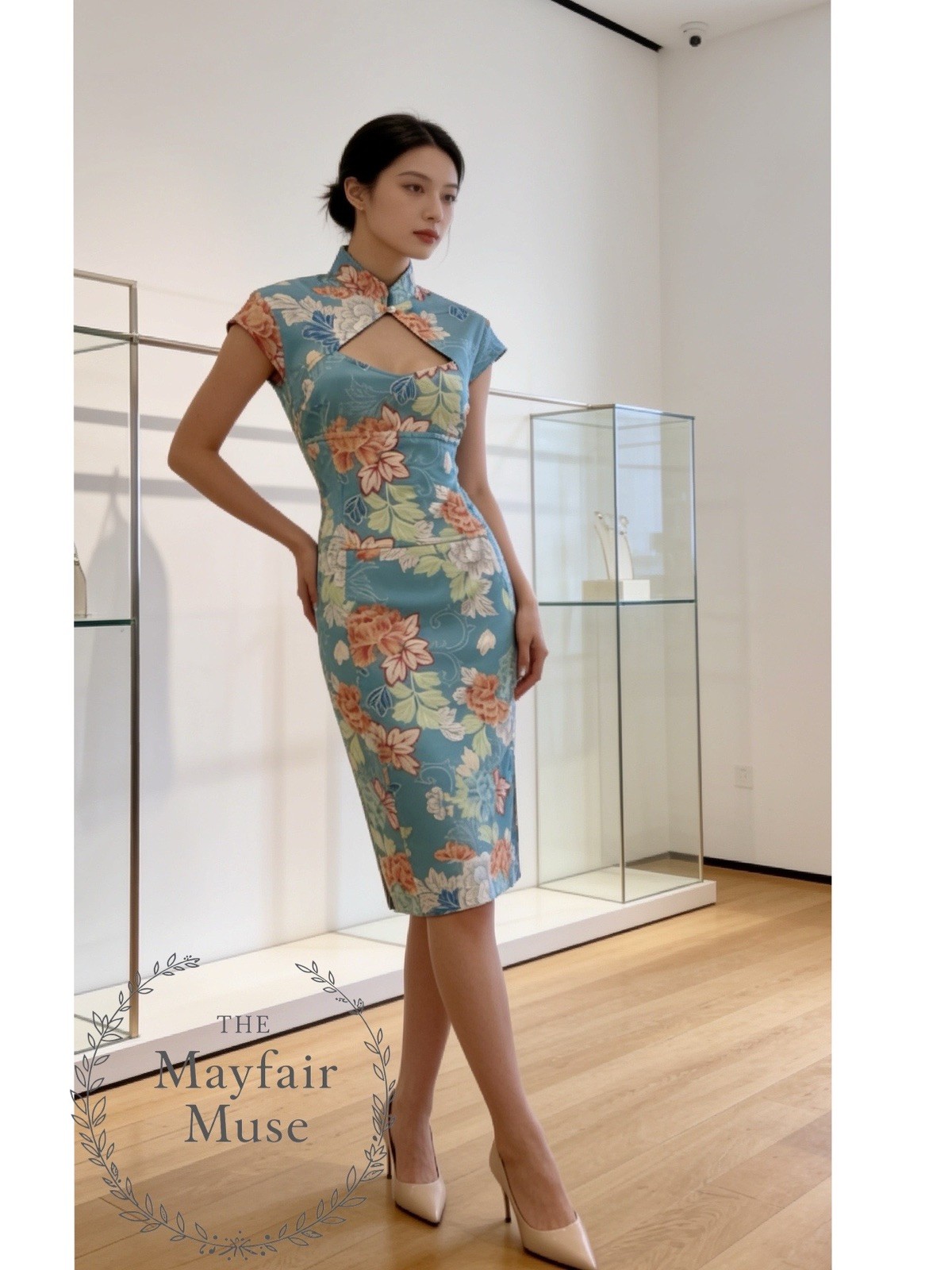 Karen Millen Vintage y2k Oriental Pale Blue Floral Wiggle high neck dress UK14
