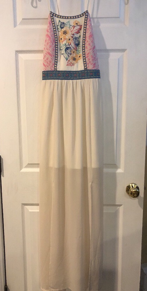 FLYING TOMATO Cream Full Length Maxi Dress Ivory Floral Sz S NEW