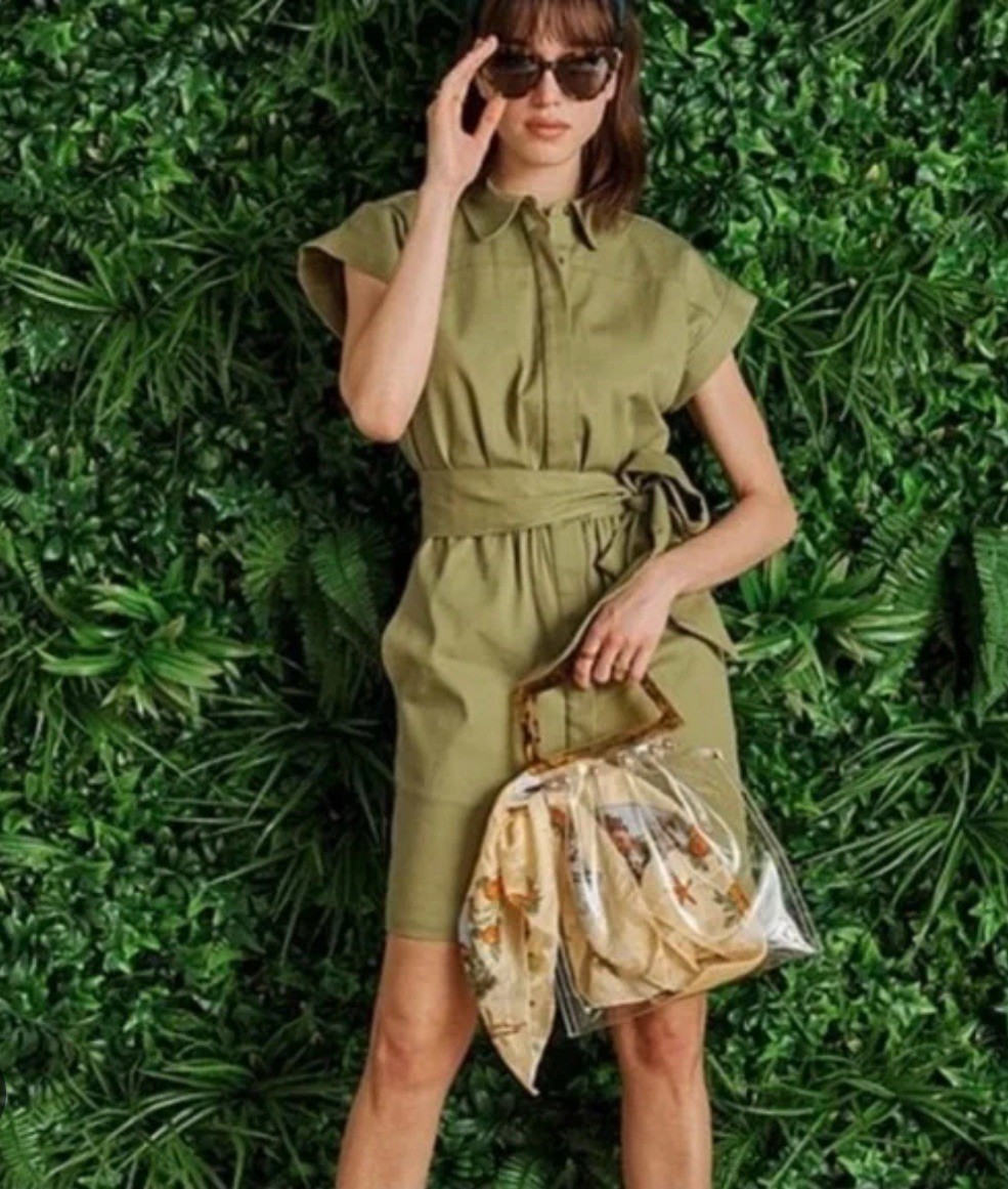 LDT Dax Tie Waist Button Down Collar Short Sleeve Sheath Shirt Dress Size 2