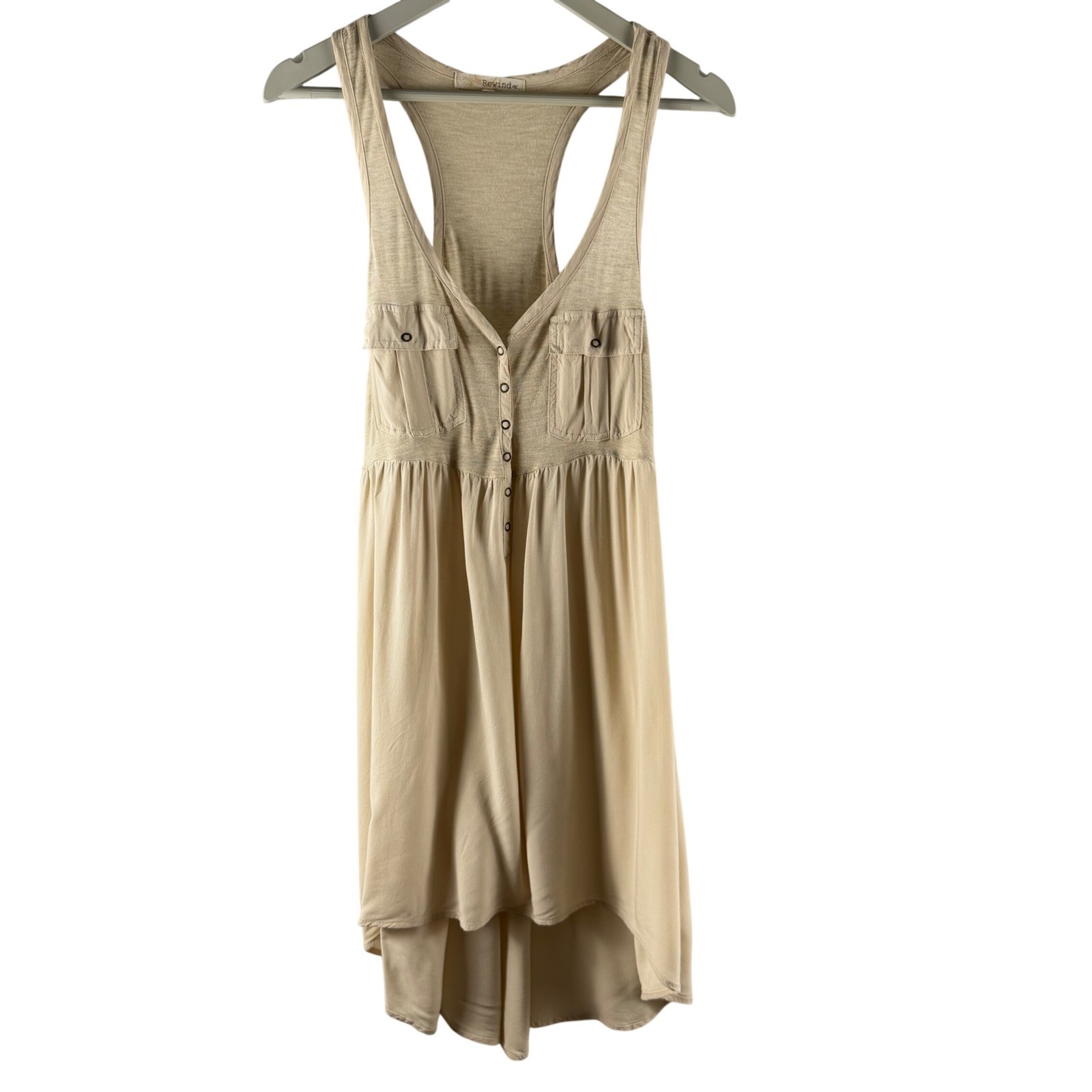Rewind Womens Beige High Low Racerback Tank Dress Button Front Boho Medium