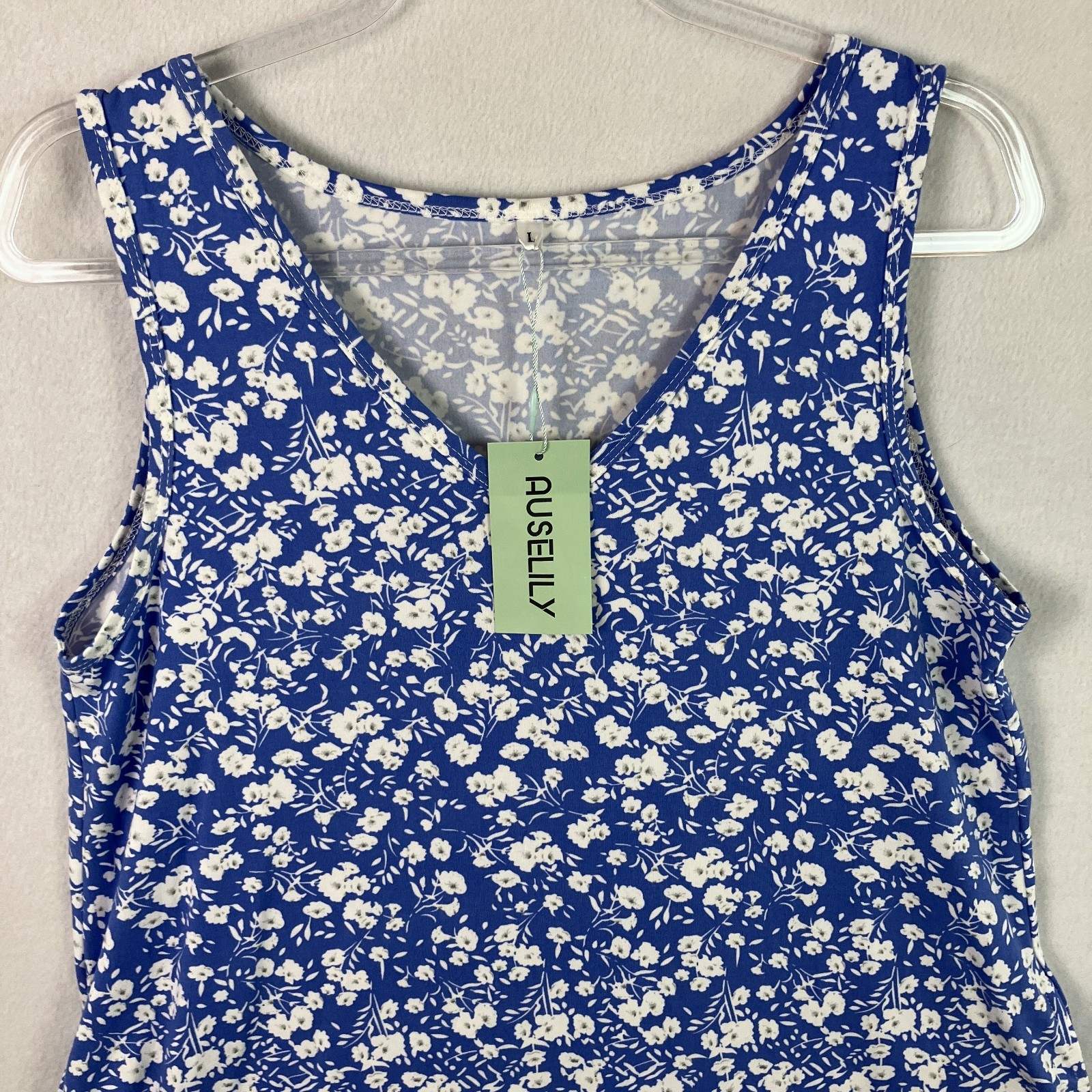 Auselily Sleeveless V-Neck Swing Tank Dress Women’s Size L Blue Ditsy Floral NWT