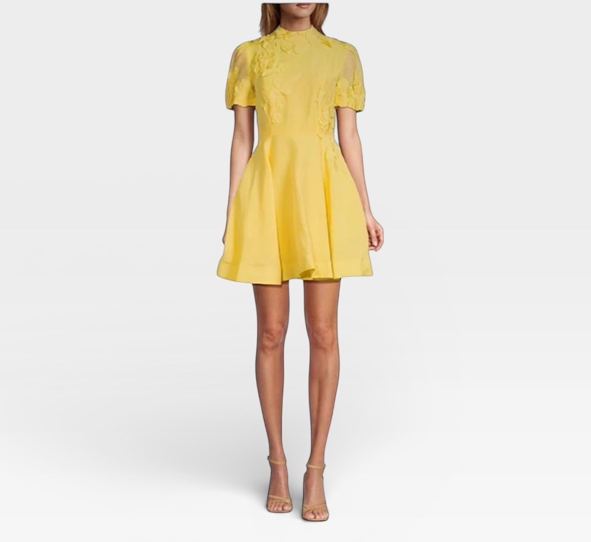 Antonio Melani SZ 10 Iris Linen Floral Appliqué Mockneck Dress Sunshine Yellow