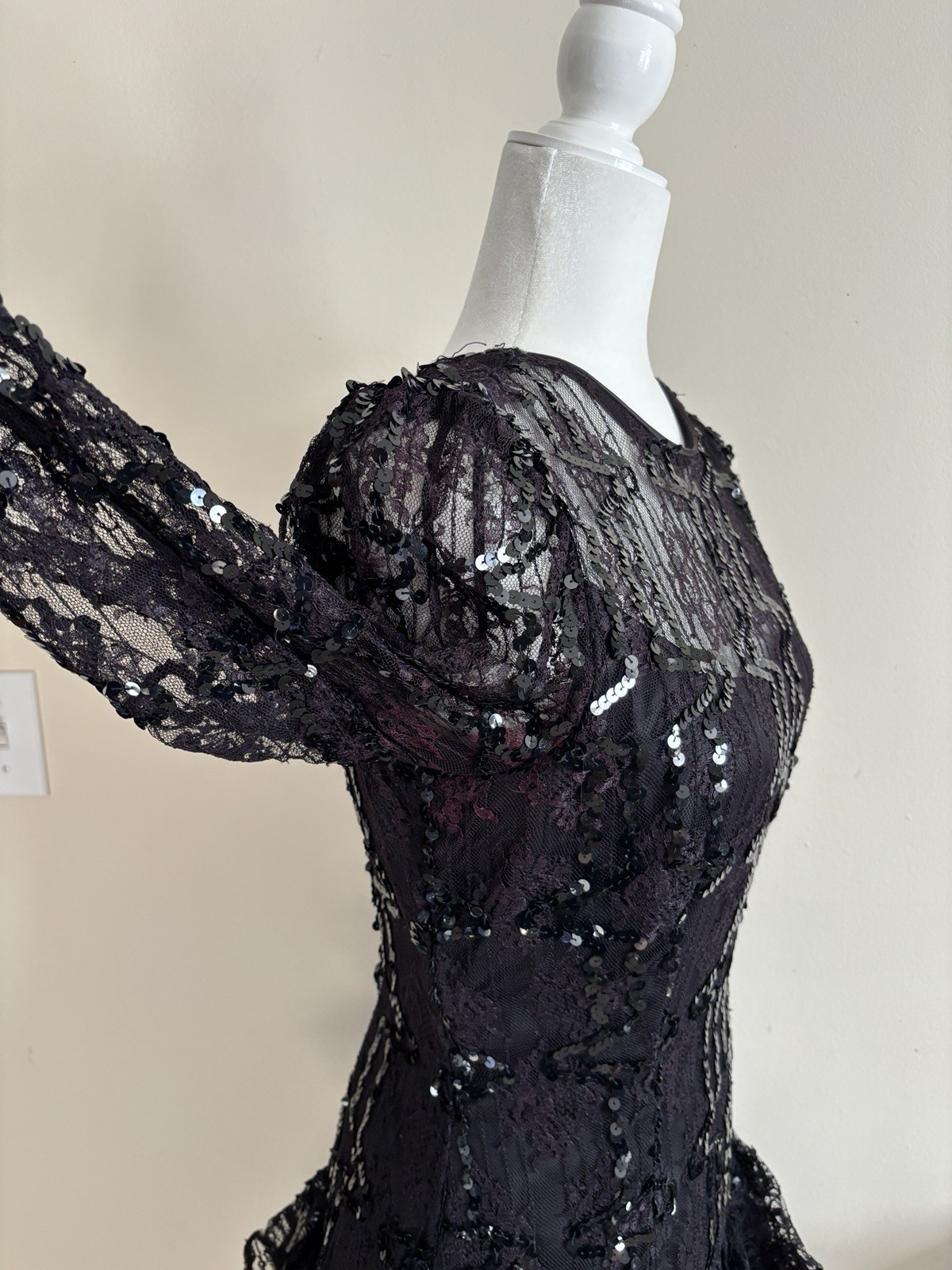 Vintage 80s Julie Duroche After Five Black Dress Sequin Lace Dramatic Goth