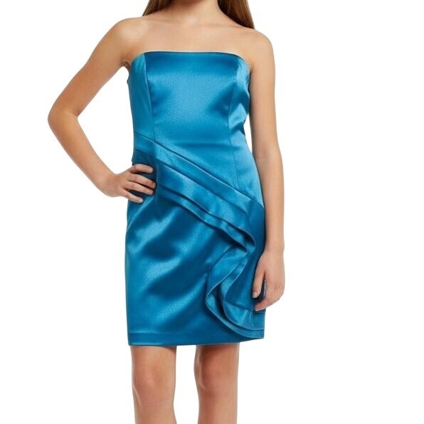 Kensie Girl Dress 8 Blue Sateen Strapless Ruffle Mini Prom Party HOCO New