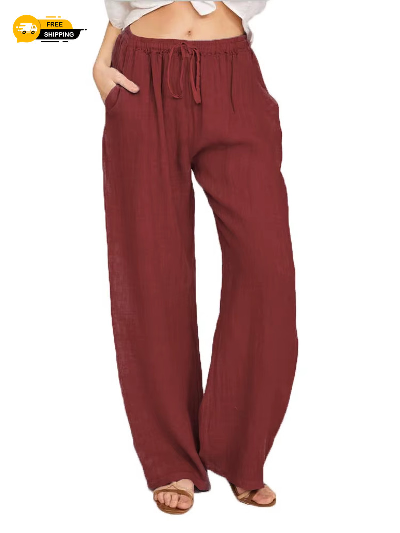 Linen Pants Summer and Autumn Solid High Waist Wide-Leg Trousers Female Loose He