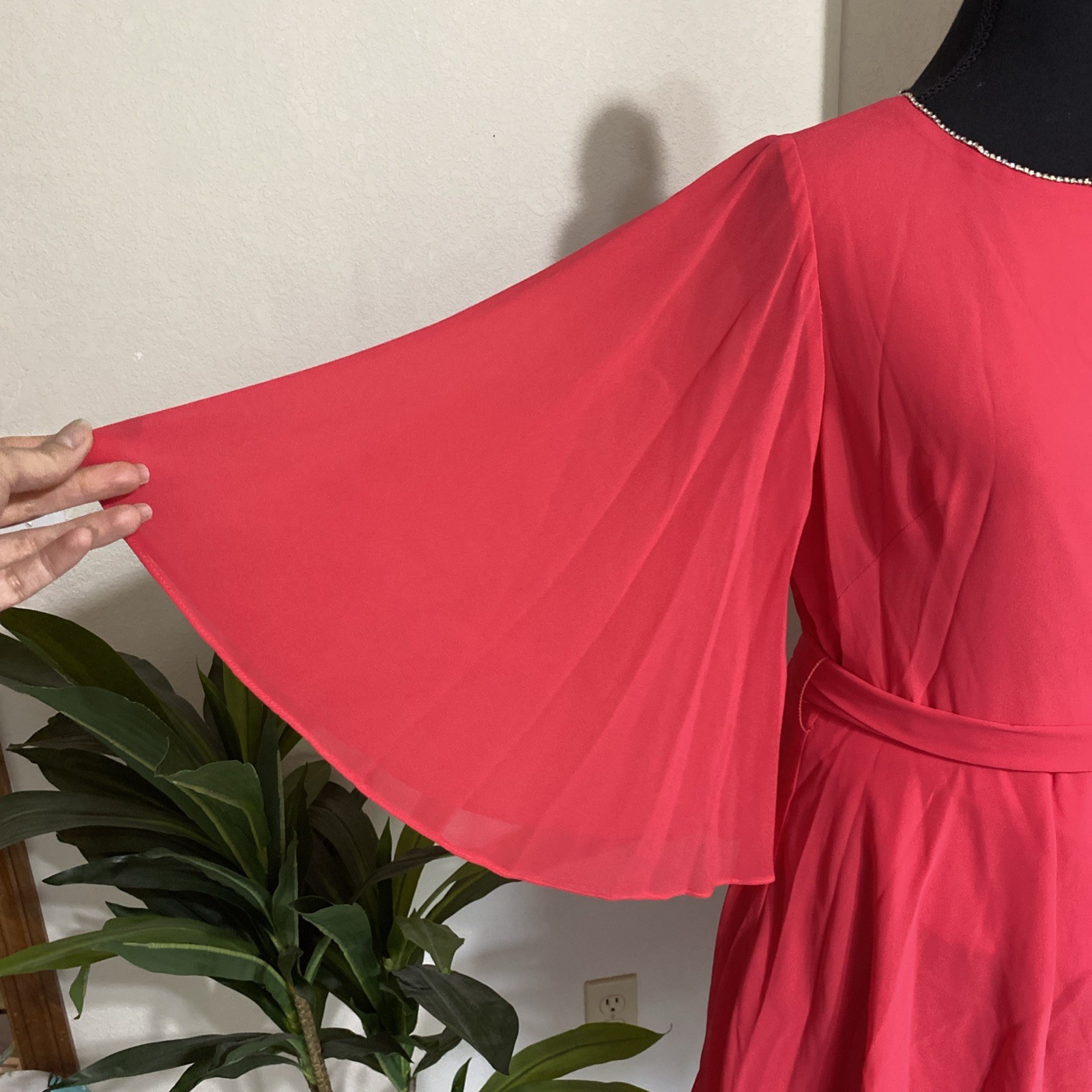 Marina Flutter Sleeve Cascade Ruffle Dress Sz 4 Rhinestone Neck Cherry Red NEW