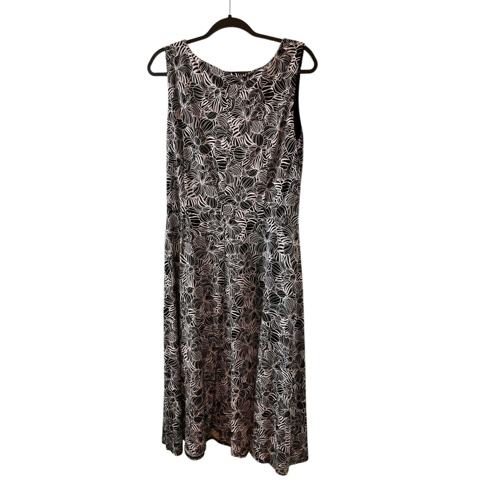 Perceptions Black White Floral Leaf Sleeveless Midi Dress Ruched Waist Sz 16W 1X