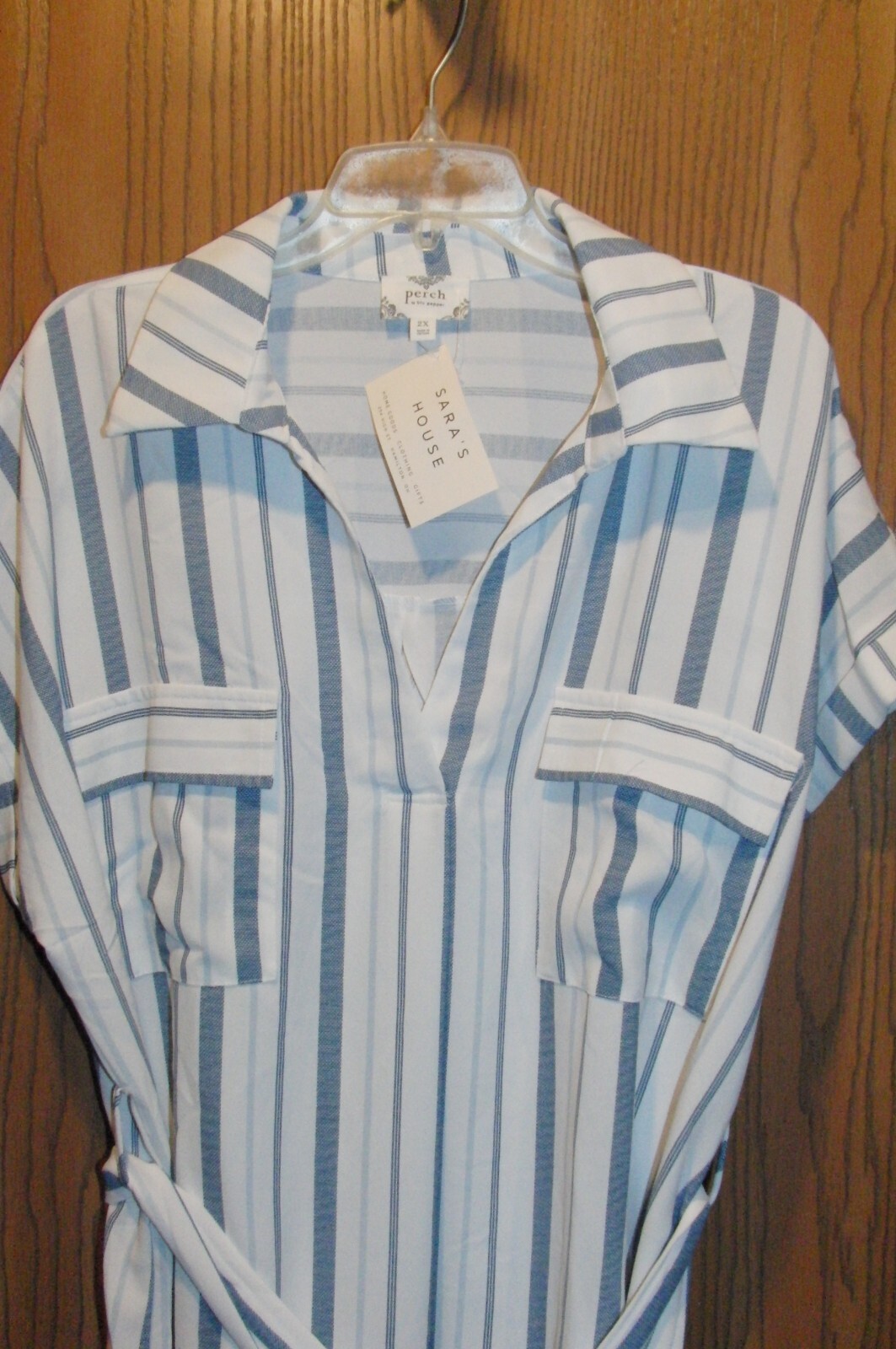 Perch by Blu Pepper Sofia Belted Shirt Striped Polyester Dress 2XL NEW $42