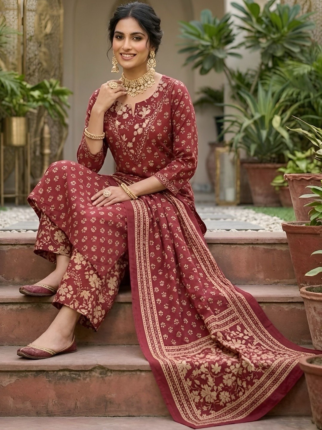 Indian Women Maroon Cotton Ethnic Motifs Printed Kurta With Palazzo & Dupatta