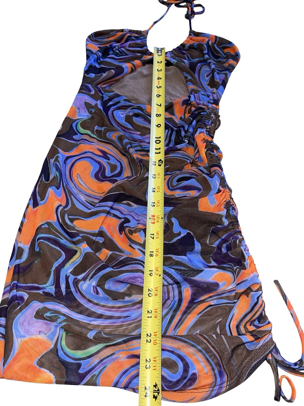 Miss Lola Women’s Multicolor Abstract Mesh Halter Ruched Cut Out Mini Dress S