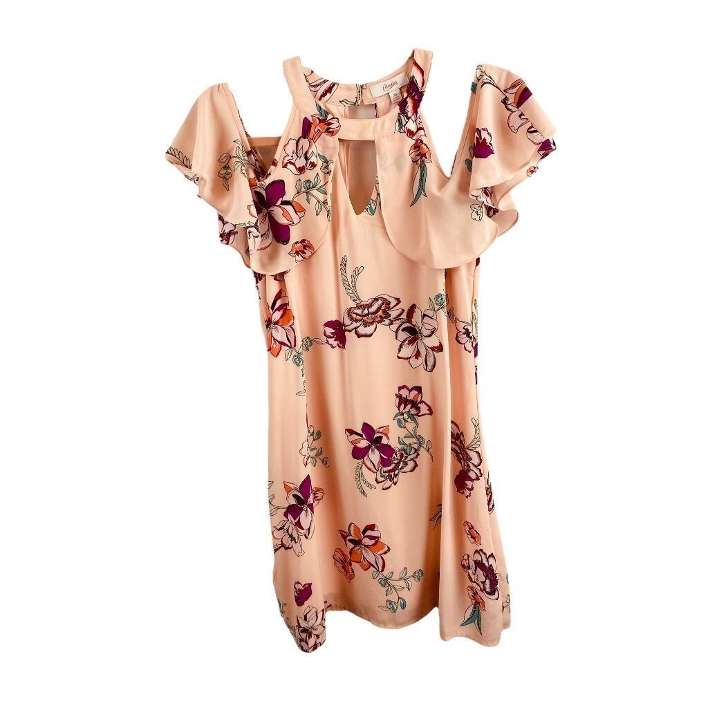 XS Candie’s Pink Lined Cold Shoulder Halter Shift Dress Floral