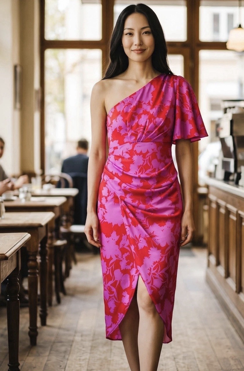 DO+BE One Shoulder Floral Midi Dress Pink Red Ruched Tulip Hem GY0612QYC Size L