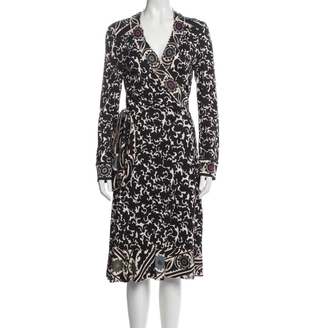 Diane von Furstenberg Julian Silk Jersey Wrap Dress Black Cream Floral Size 12