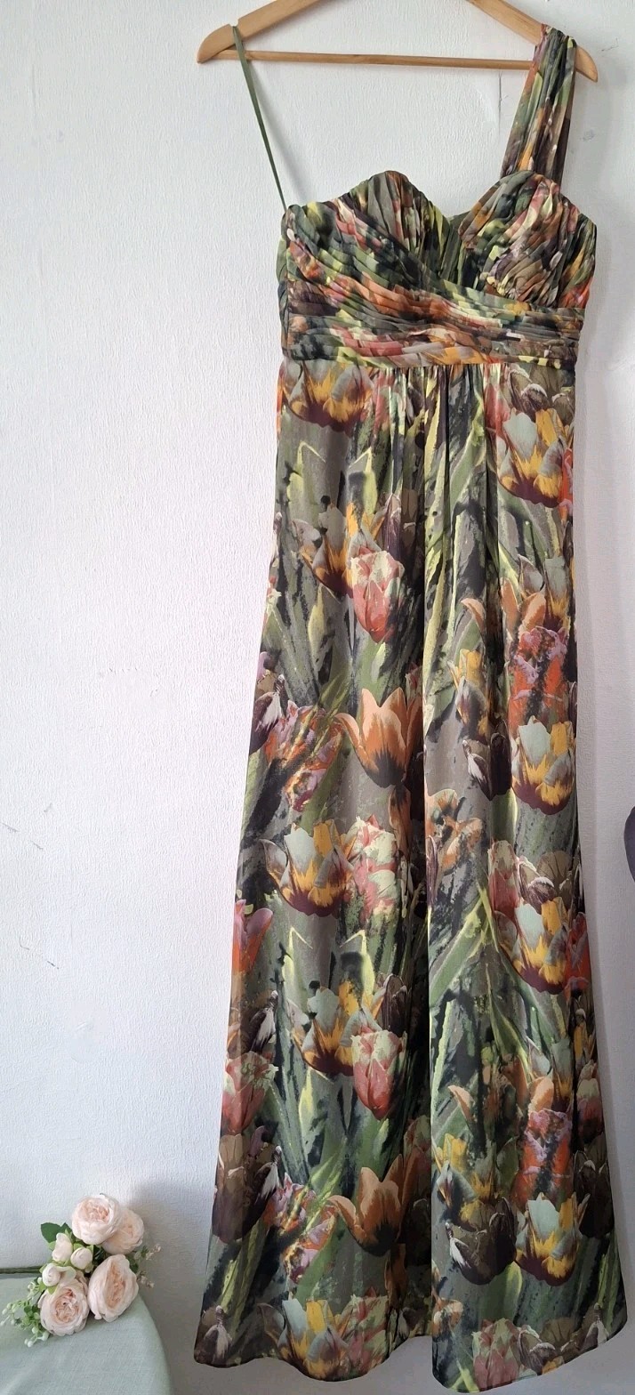 Ted Baker One Strap Floral Chiffon Floaty Fit & Flare Long Maxi Dress Sz 10 -Dor