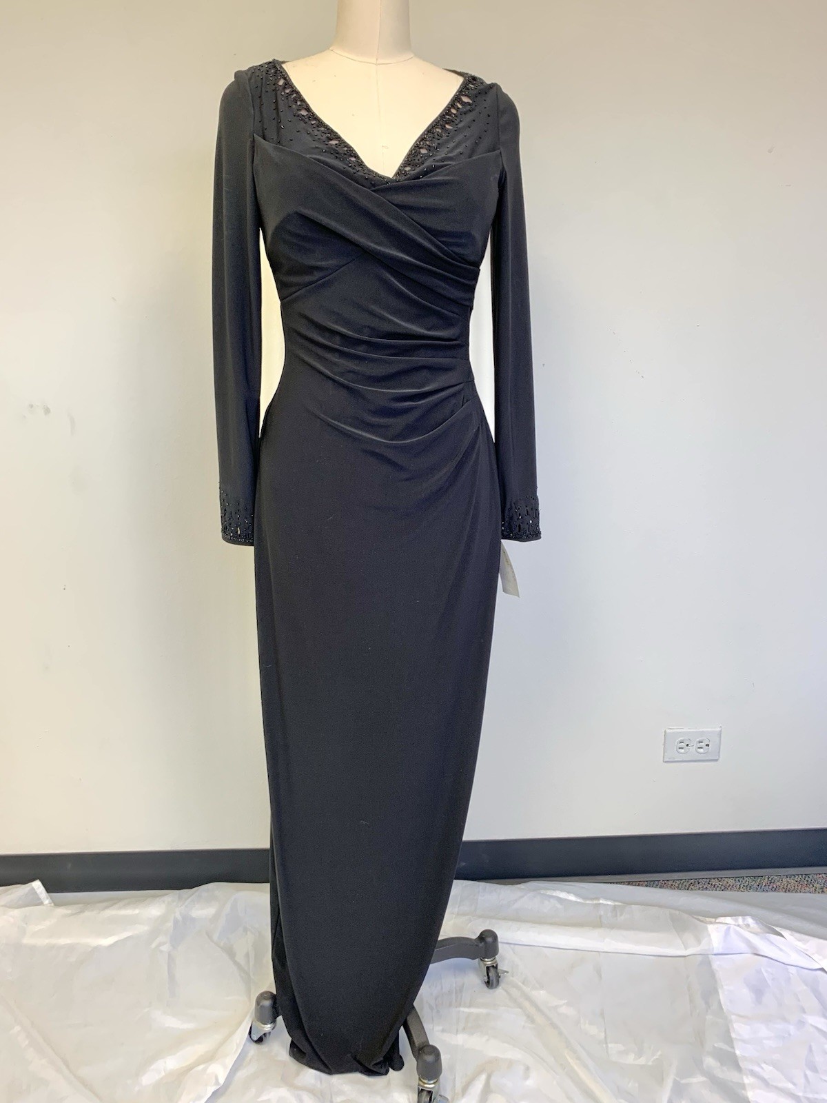 New Lauren Ralph Lauren Evening Dress Gown Black Maxi Long Sleeve Ruched Sz 6 S