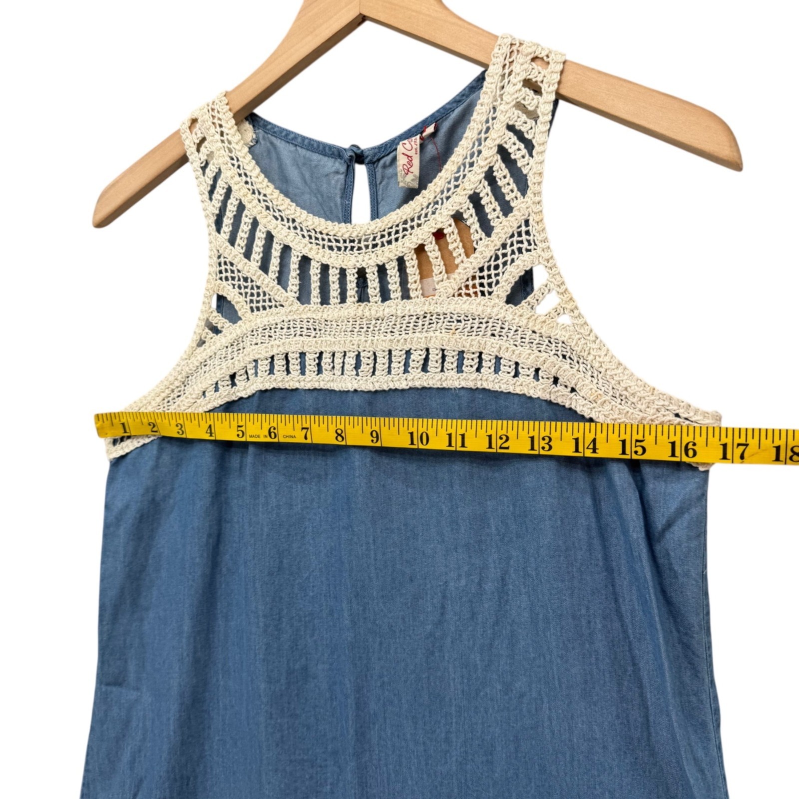 Red Camel Chambray Mini Dress Blue Sleeveless Crochet Lace Detail Size S