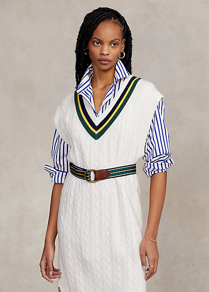 $498 Polo Ralph Lauren SZ S Cream Cable-Knit Cricket Midi Sweater Dress