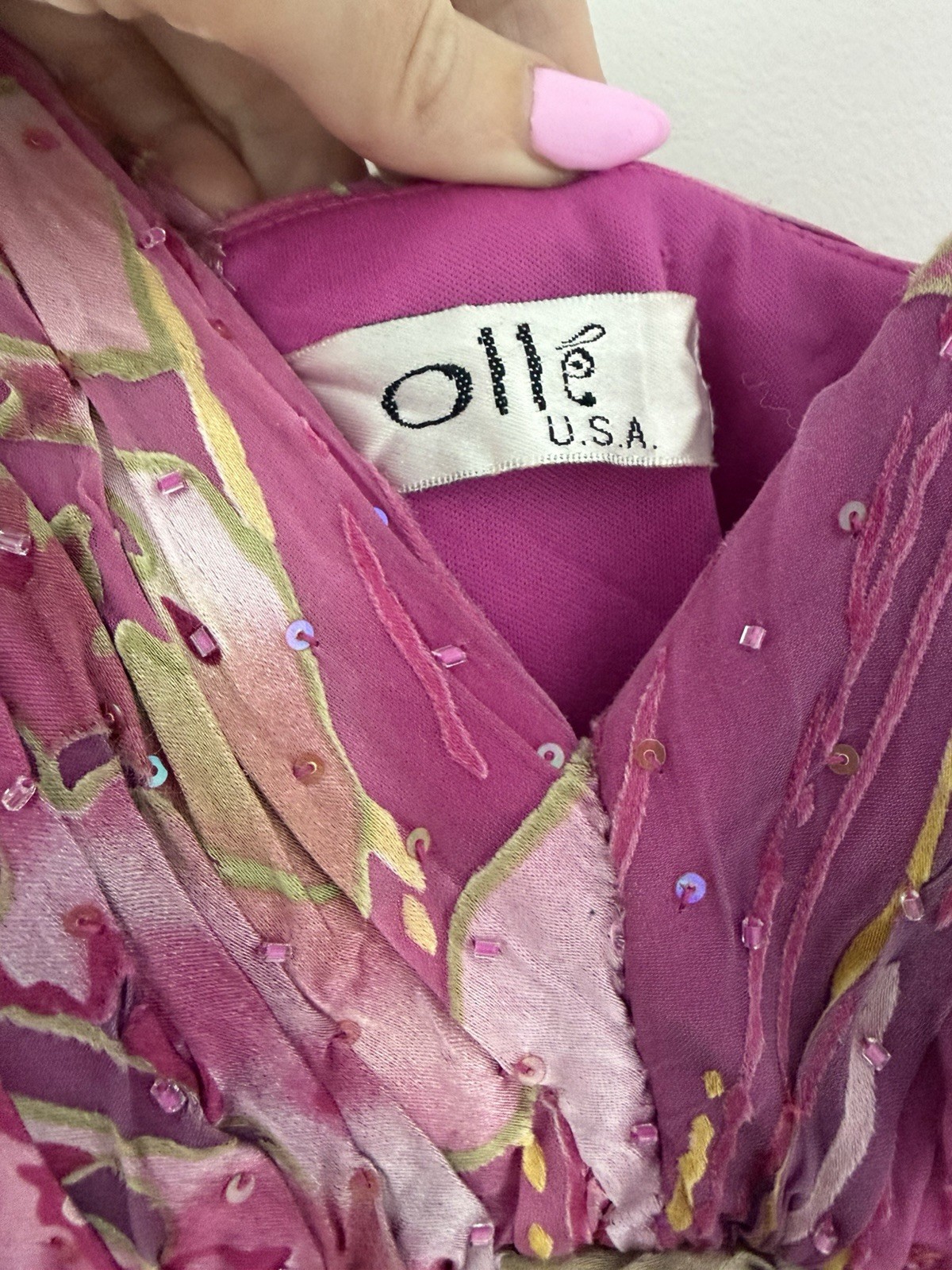 Olle USA Abstract Sequin Ruched V-Neck Midi Strappy Handkerchief Hem Y2K Fairy