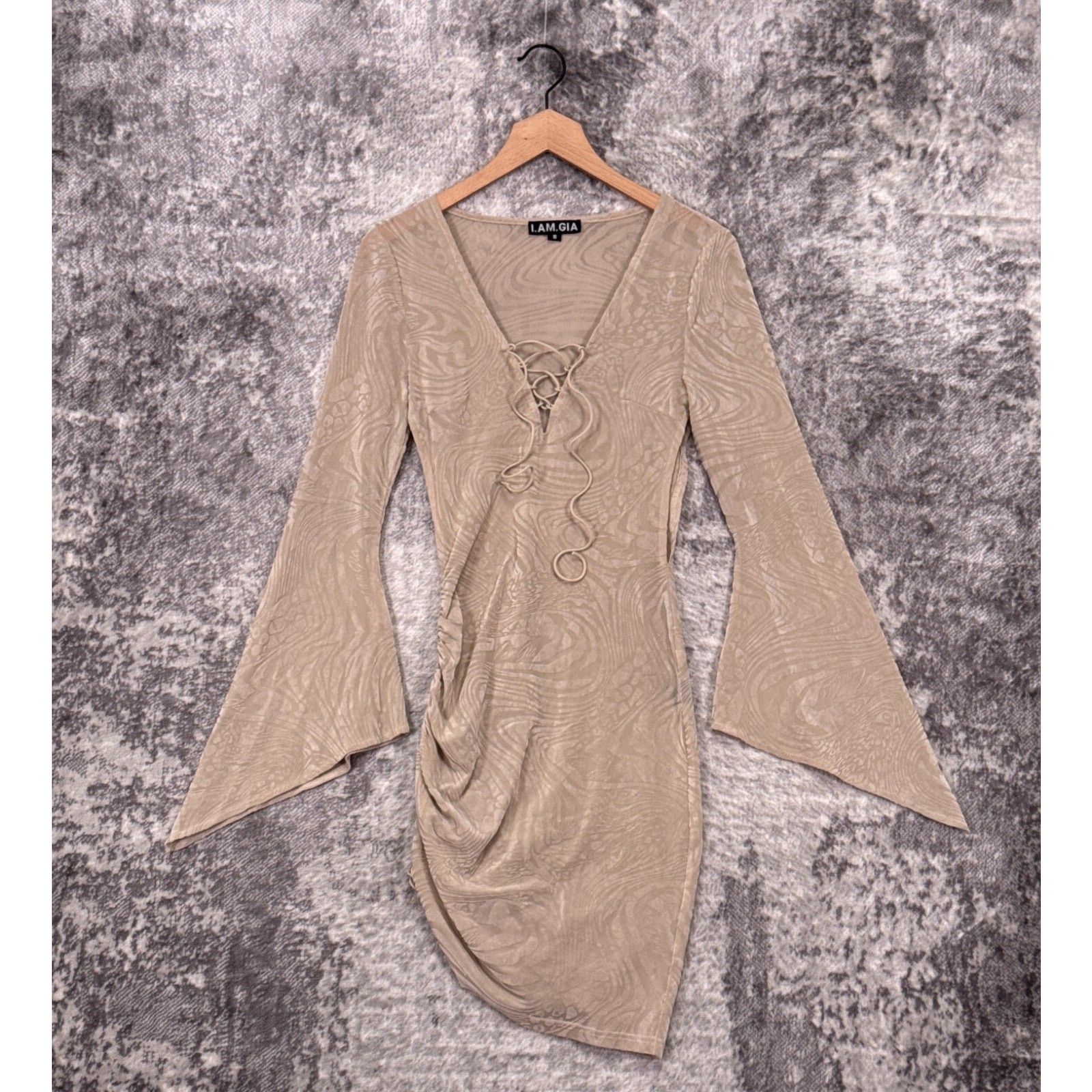 I.AM.GIA Dress Small Womens Mesh Marble Swirl Lace Up Mini Flare Sleeve