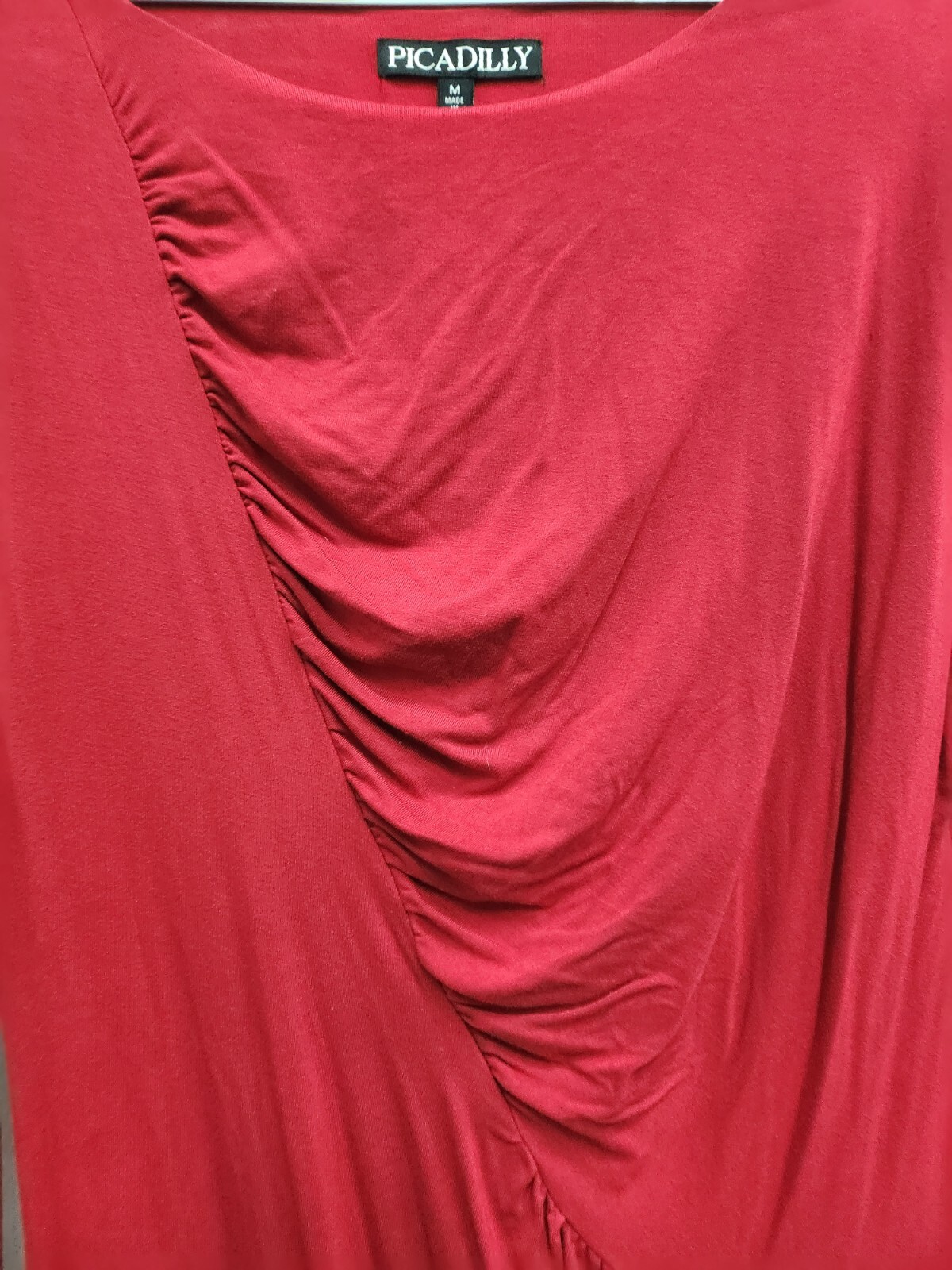 Picadilly Midi Dress Medium Red Ruched Long Sleeve Jersey Carrier Holiday Office