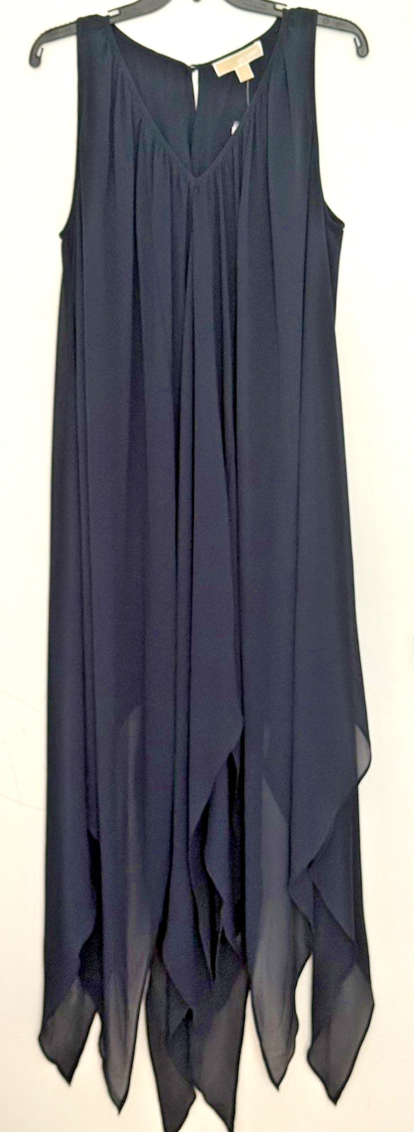 Michael Kors Navy Chiffon Sharkbite Hem V-Neck Midi Dress NWT Size Large