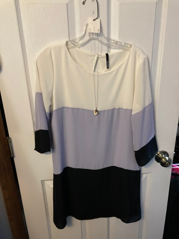 Lu Lu’s Shift Lined 3/4 Sleeve 3 TONE IVORY LAVENDER BLK SHRT Dress (10-12) NWOT