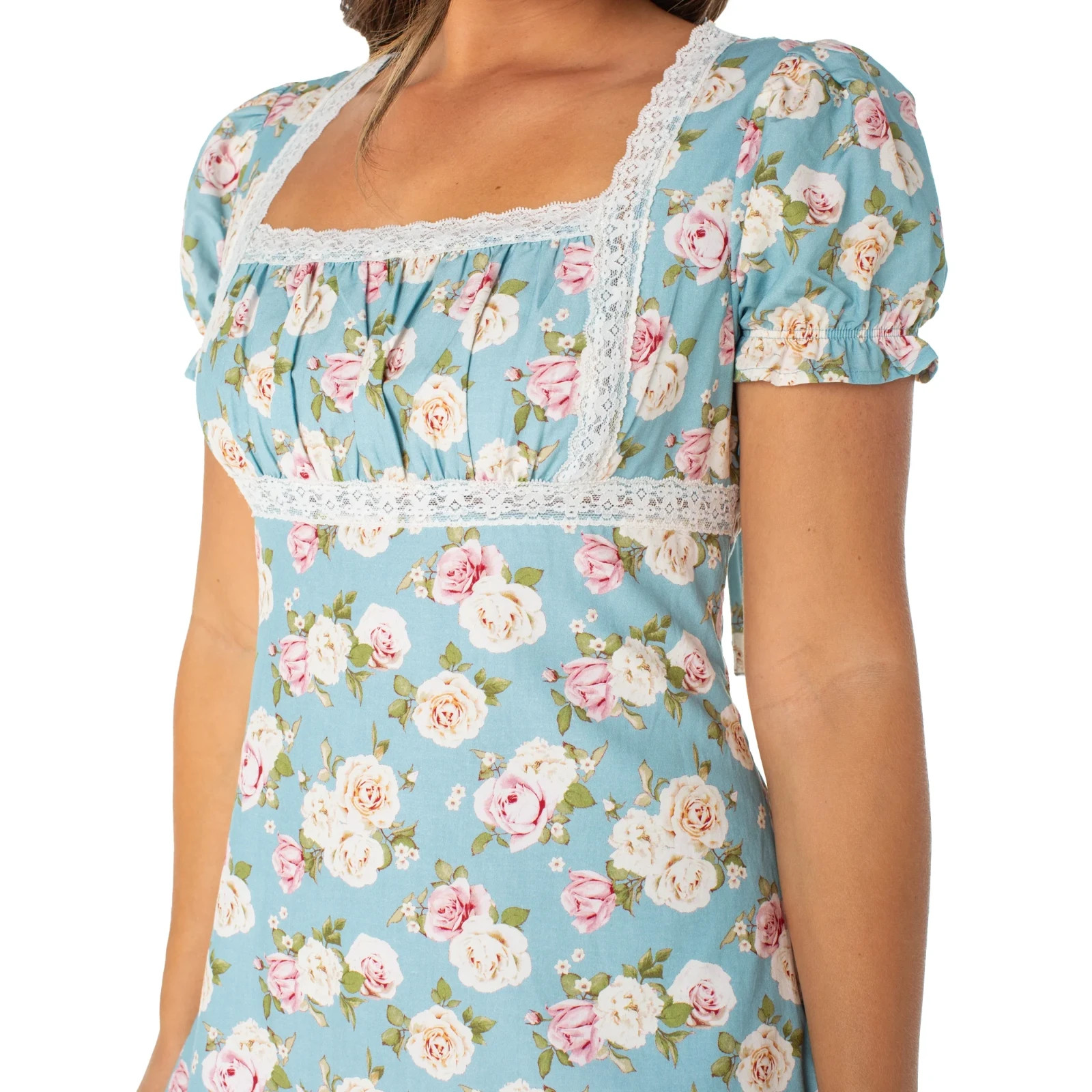 Celebrity Pink Womens Dress Sz S Blue Floral Lace Trim Smocked Back Cottagecore