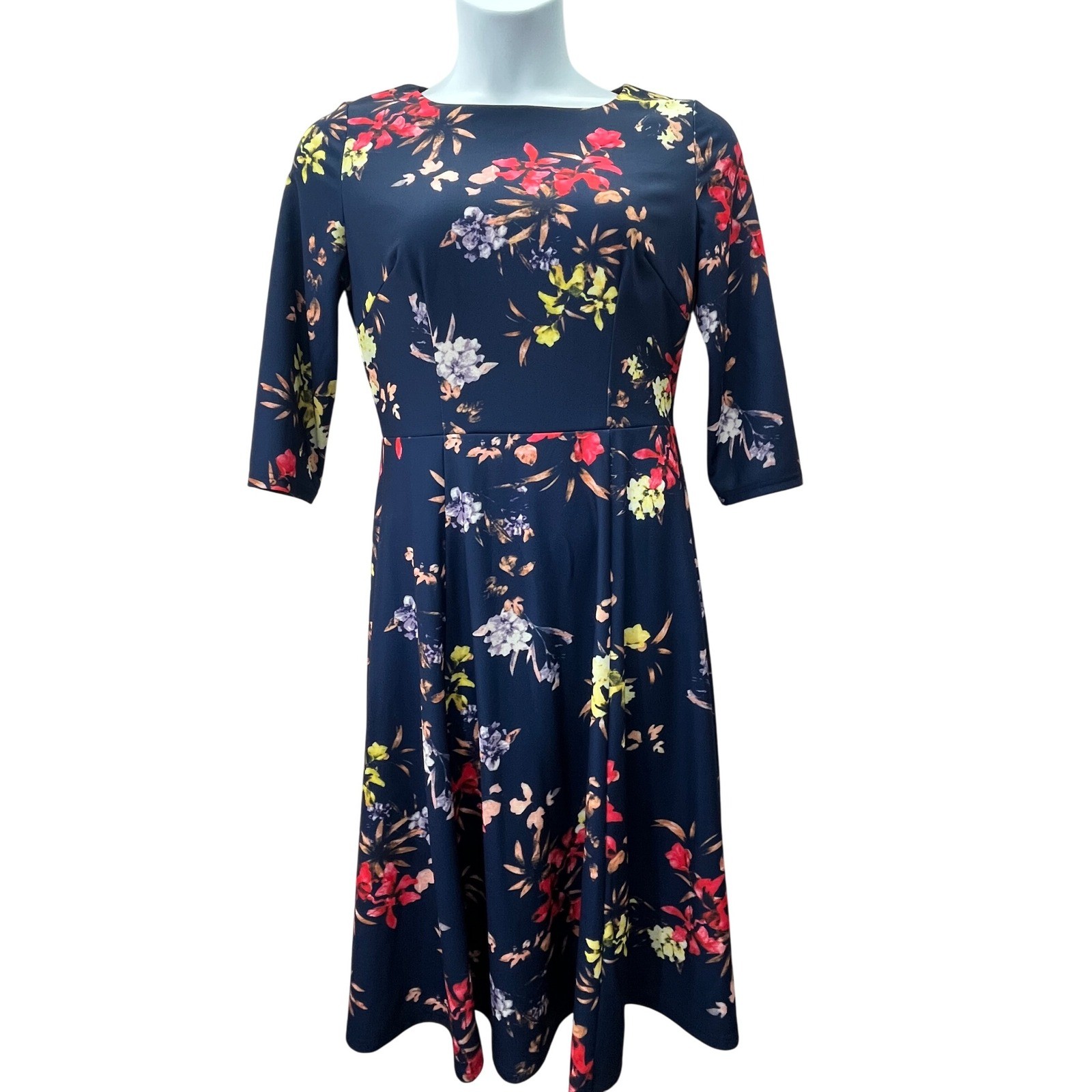 Women’s Navy Floral Print Midi Dress 3/4 Sleeve Fit Flare L Mad Men Art to Wear