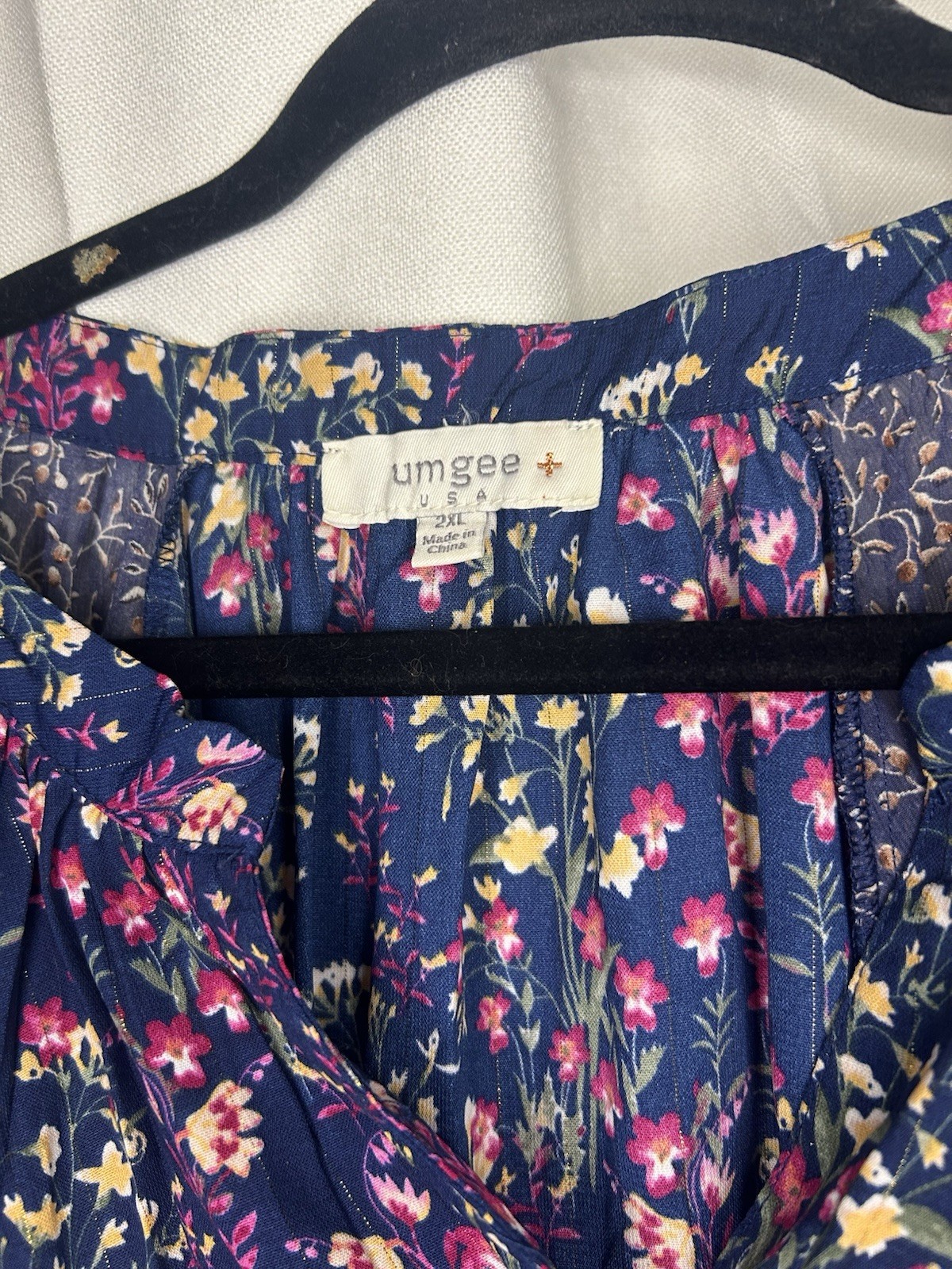 Umgee Dark Floral Patchwork Long Like Tunic Blue Navy Dress 2x